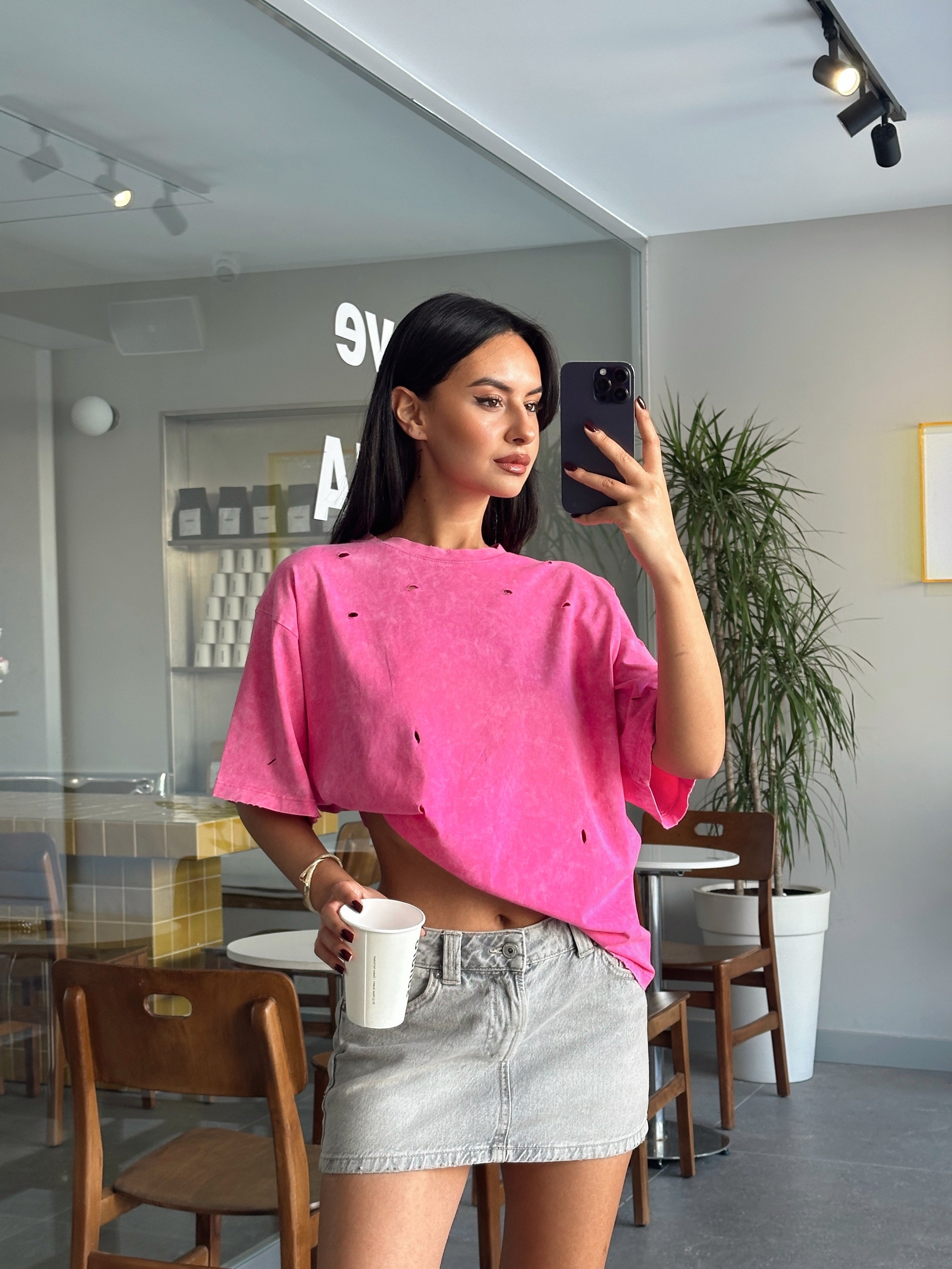 Delikli Yıkama T-shirt - Pembe