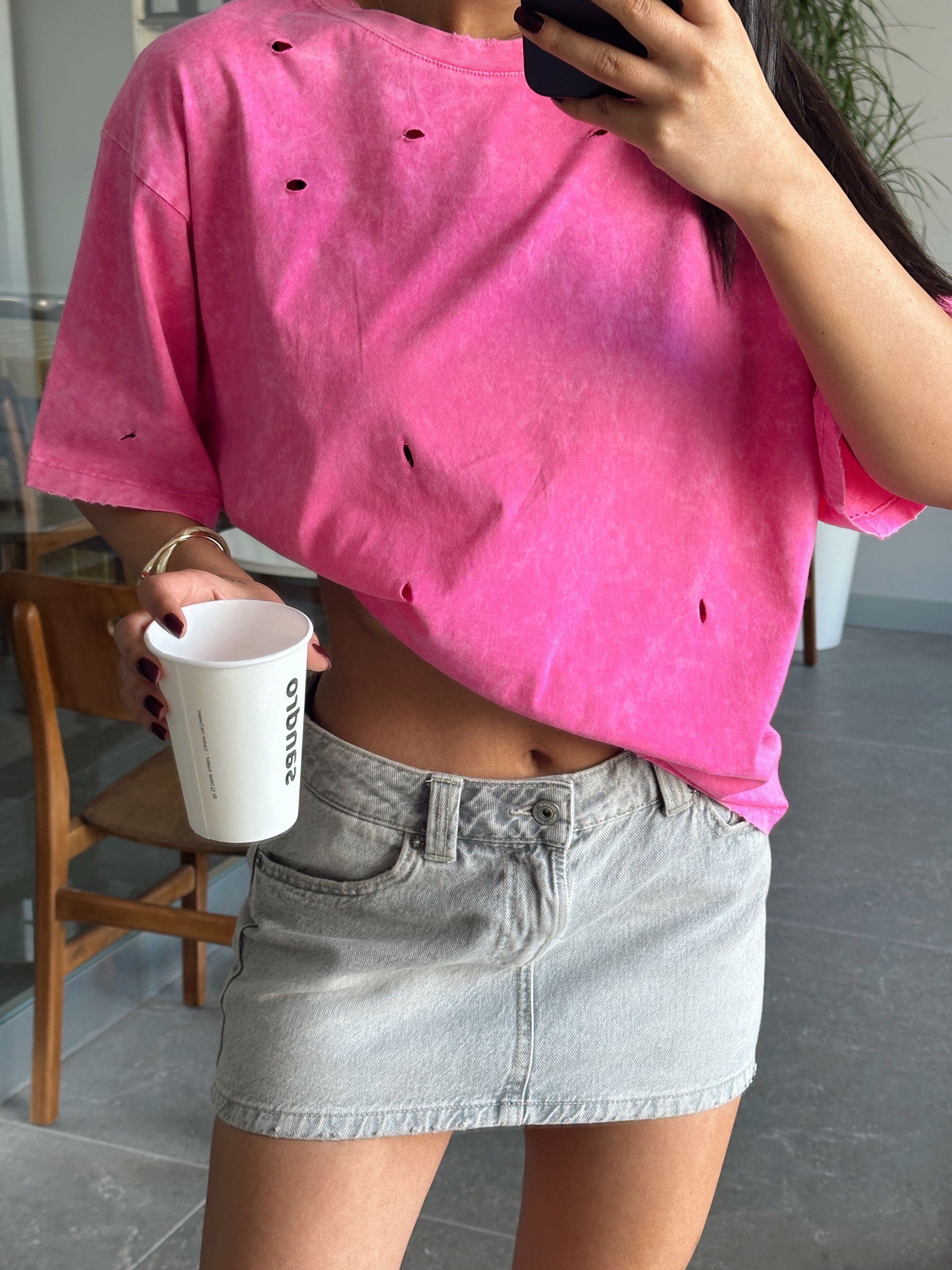 Delikli Yıkama T-shirt - Pembe