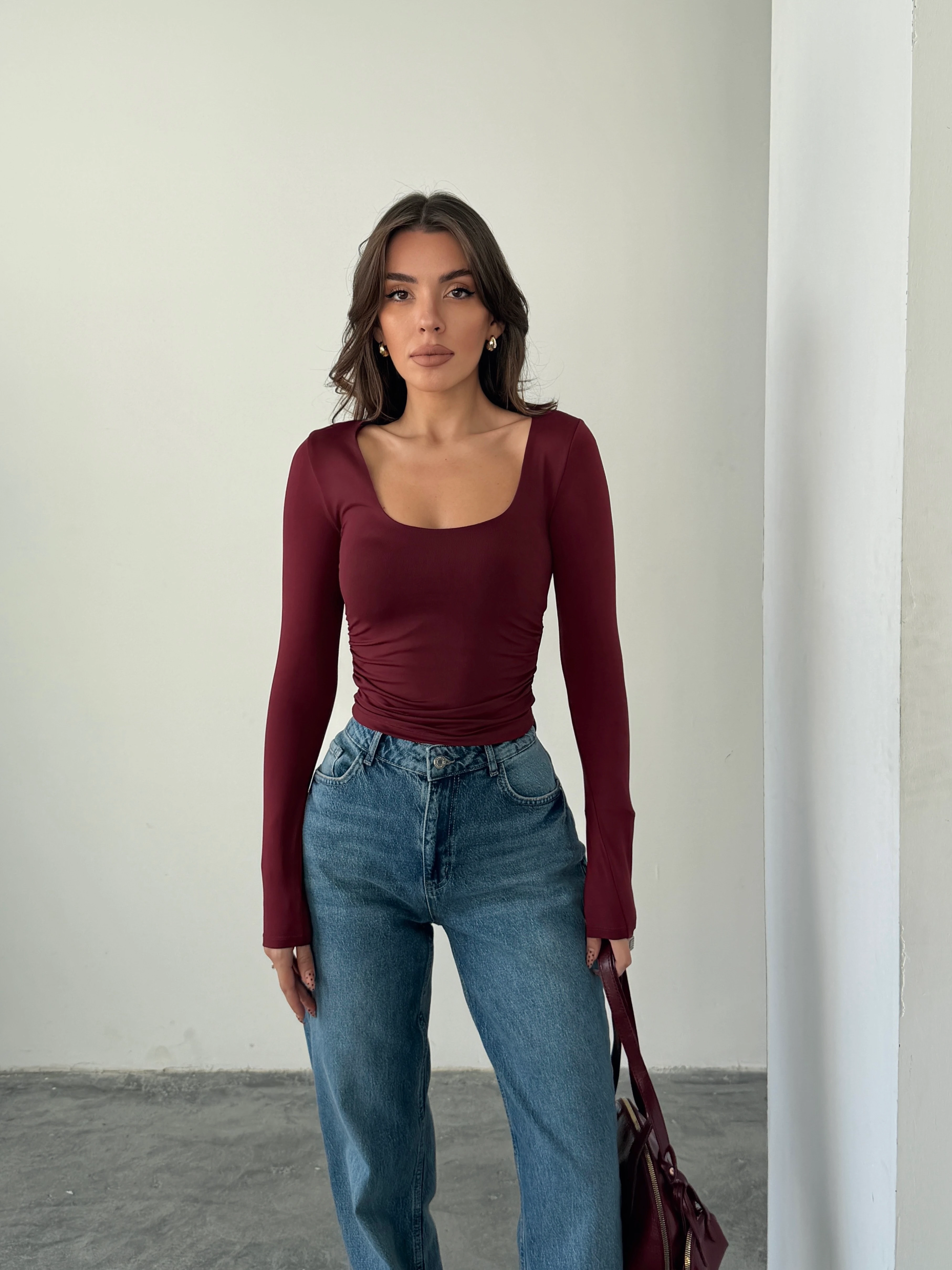 U Yaka Yan Büzgü Bluz - Mürdüm