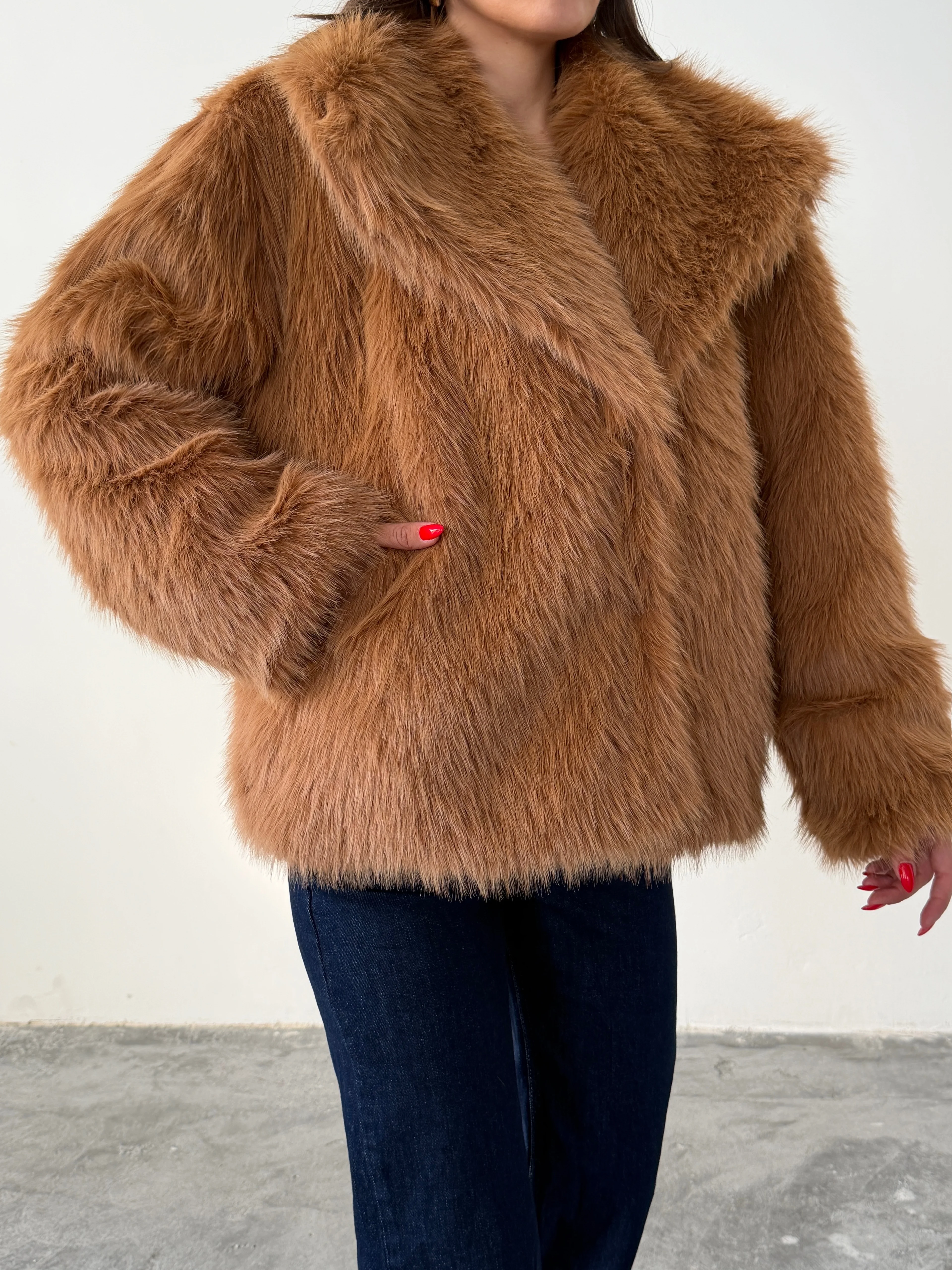 Çıtçıtlı Suni Kürk Ceket - Taba