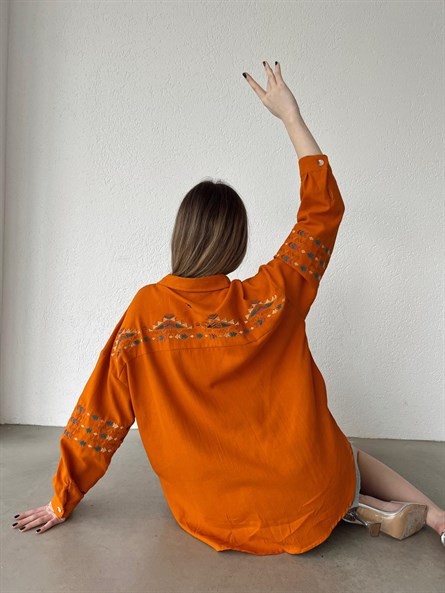 Etnik Nakışlı Oversize Gömlek Turuncu