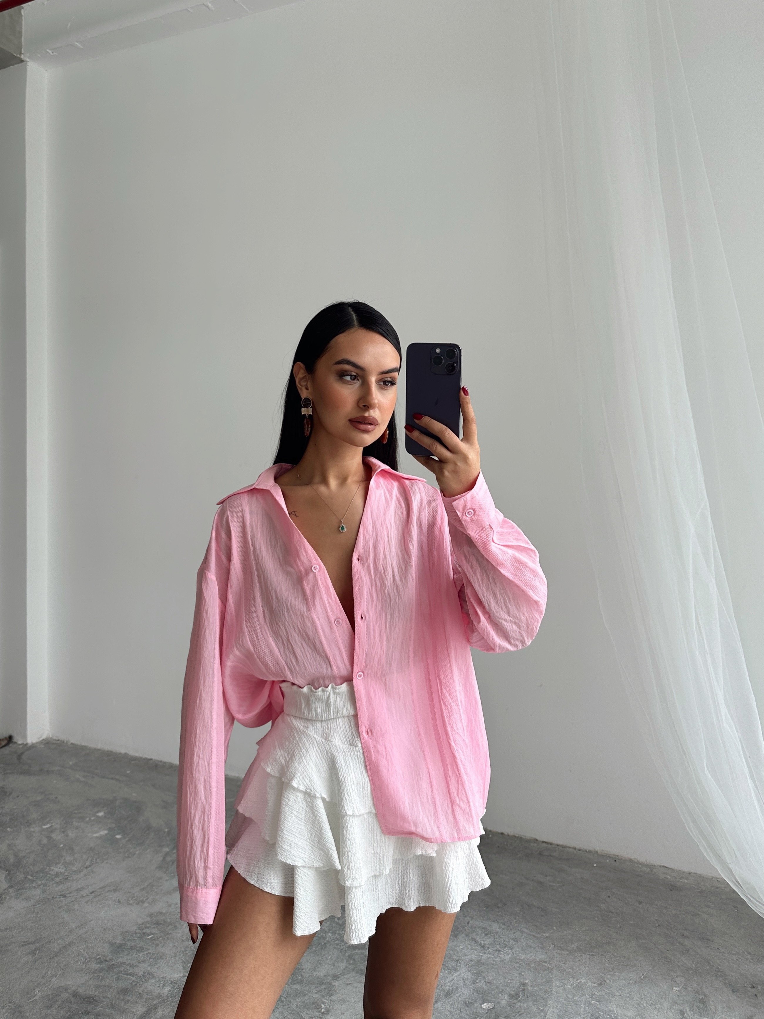 V yaka Dokulu Gömlek - Pudra Pembe