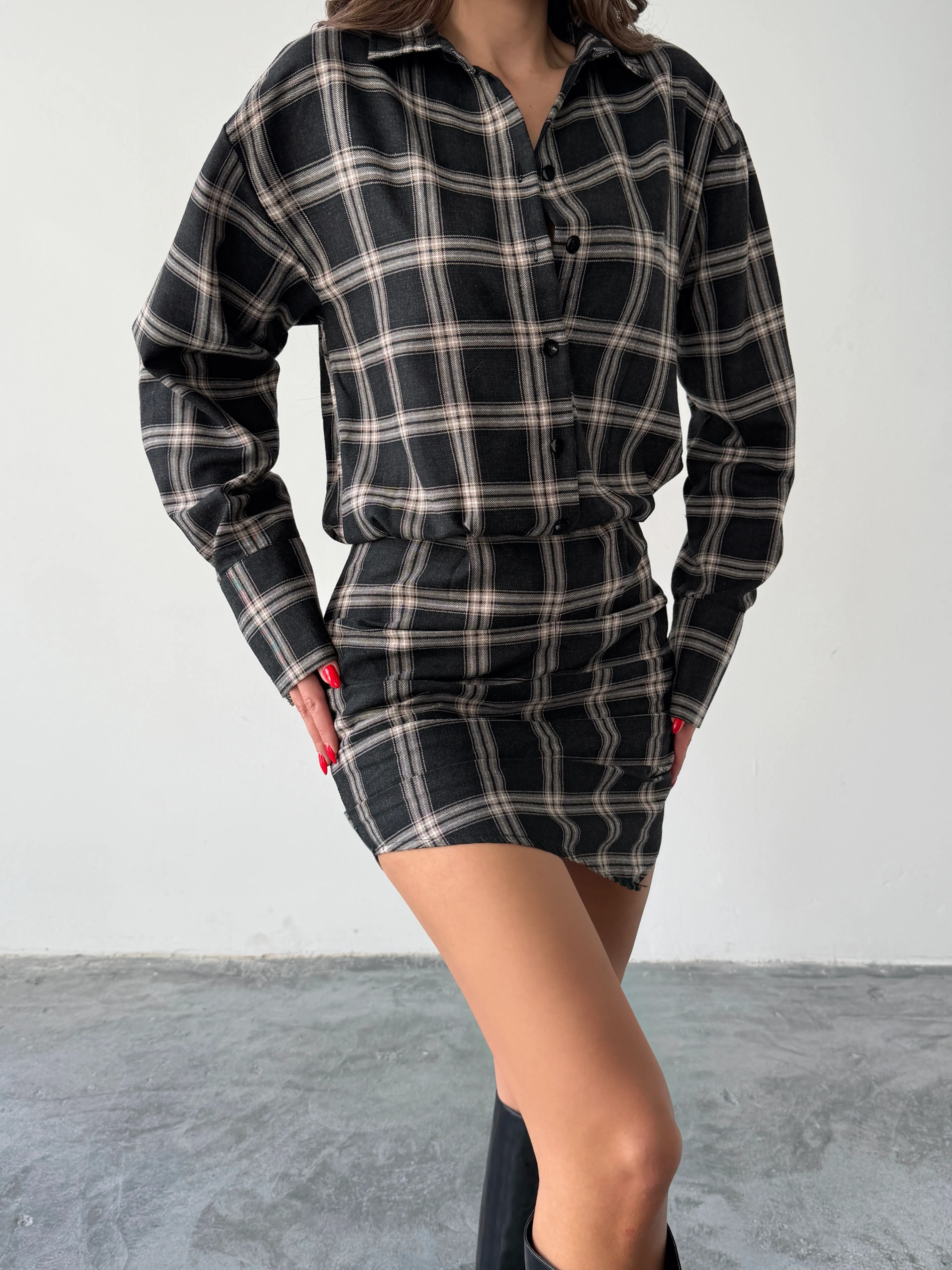 Ekose Gömlek Elbise  - Siyah