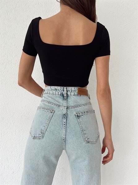 Geniş Yaka Sandy Croptop Siyah