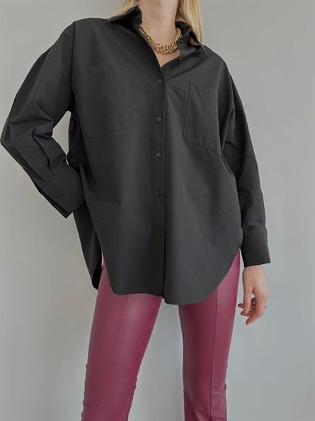 Sırt Yırtmaç Detay Oversize Poplin Gömlek Siyah