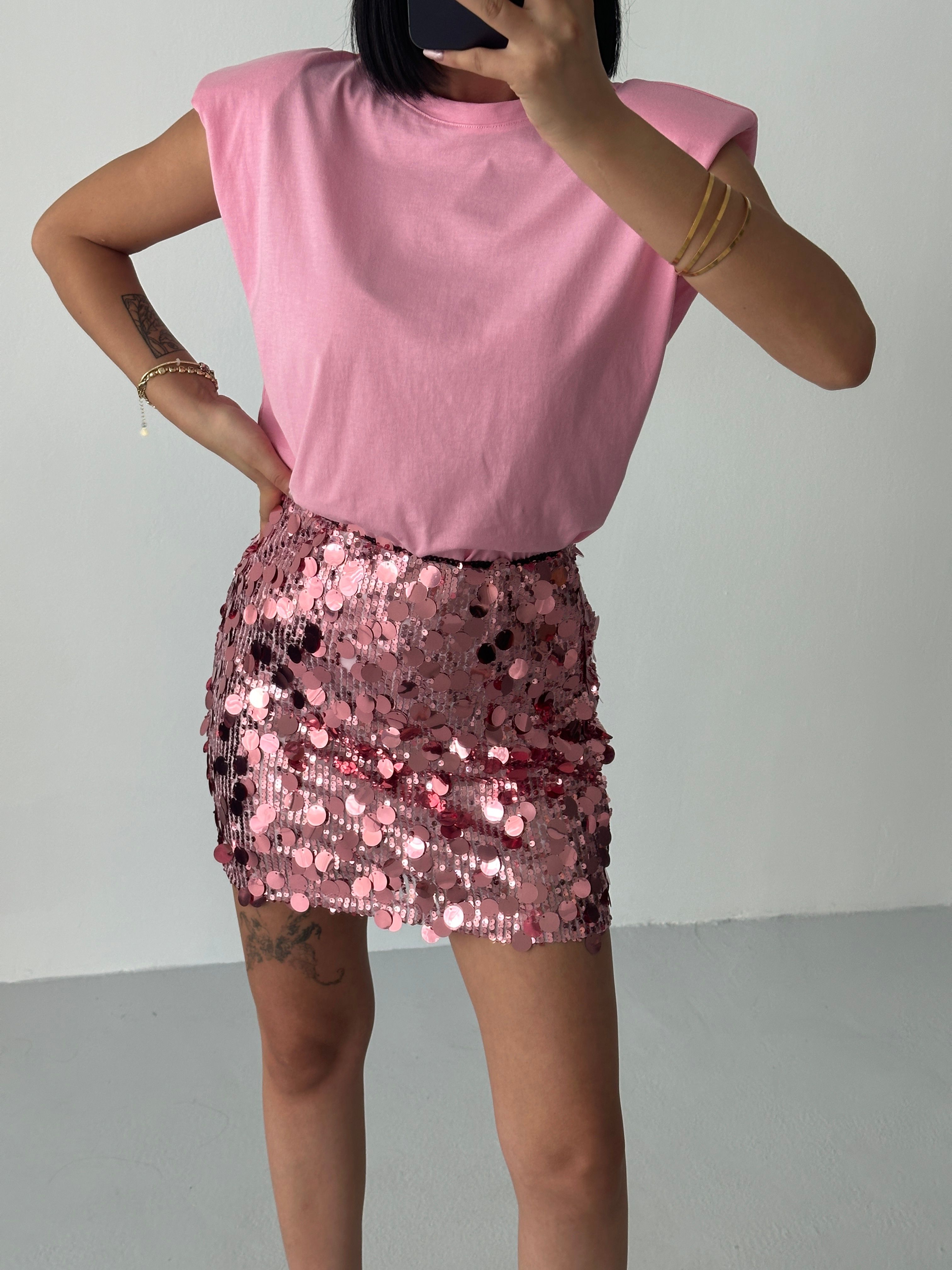 Pullu Mini Etek  - Pembe