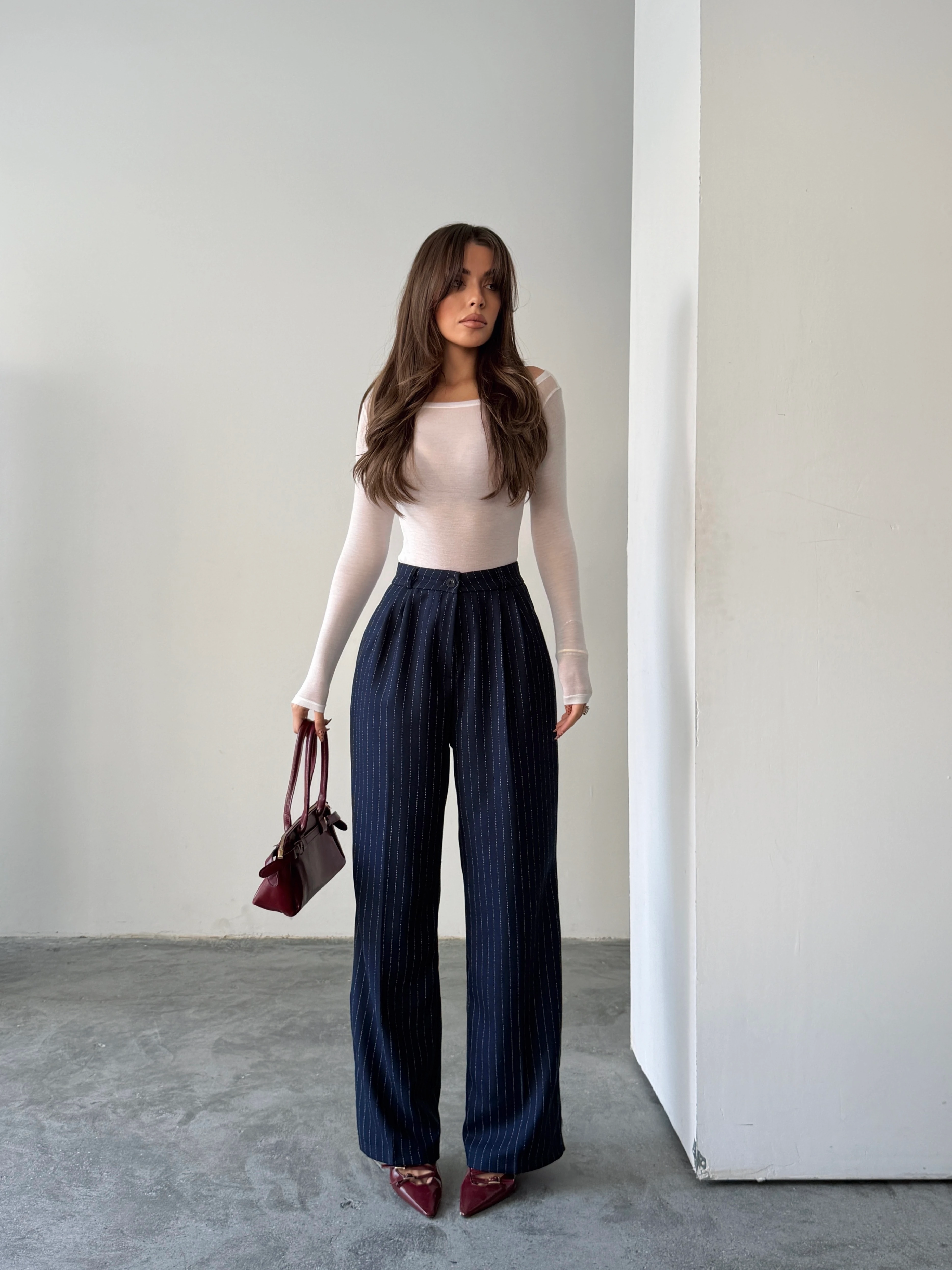 Yünefekt Çizgili Palazzo - Lacivert