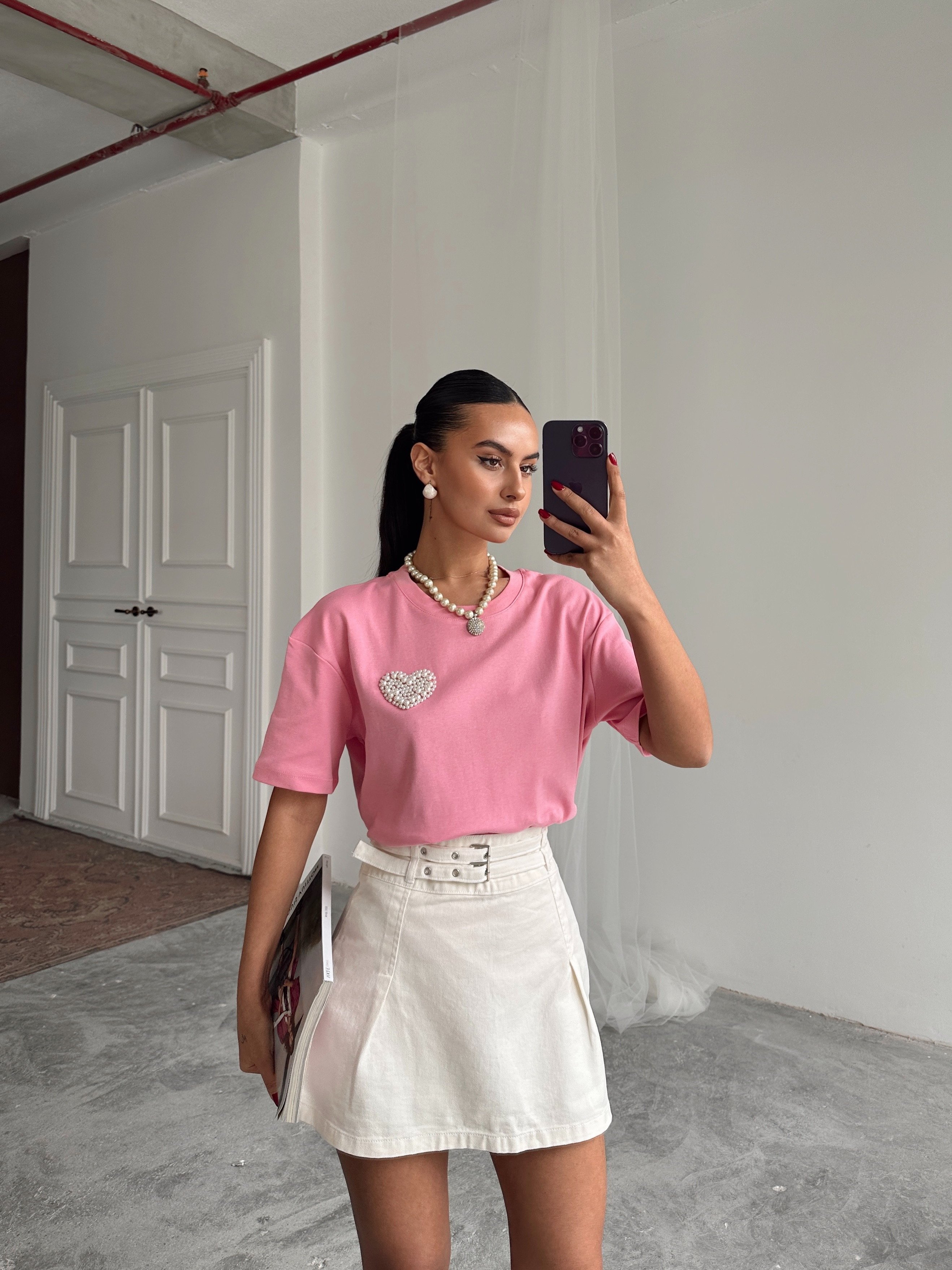 Pileli Denim Etek Krem