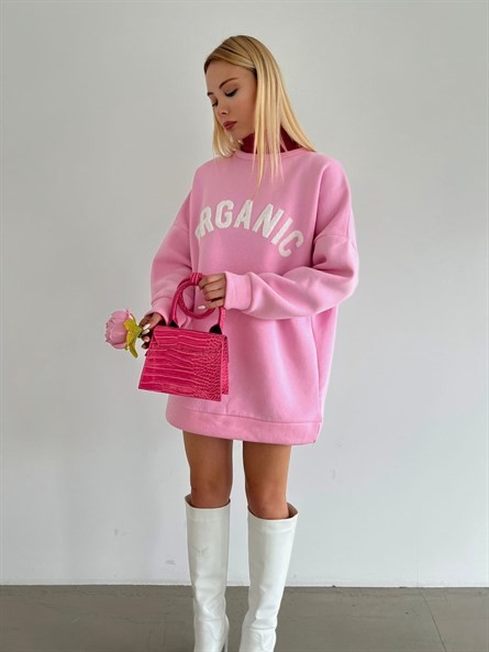 Organic Süzene Nakış Oversize Sweatshirt Pembe