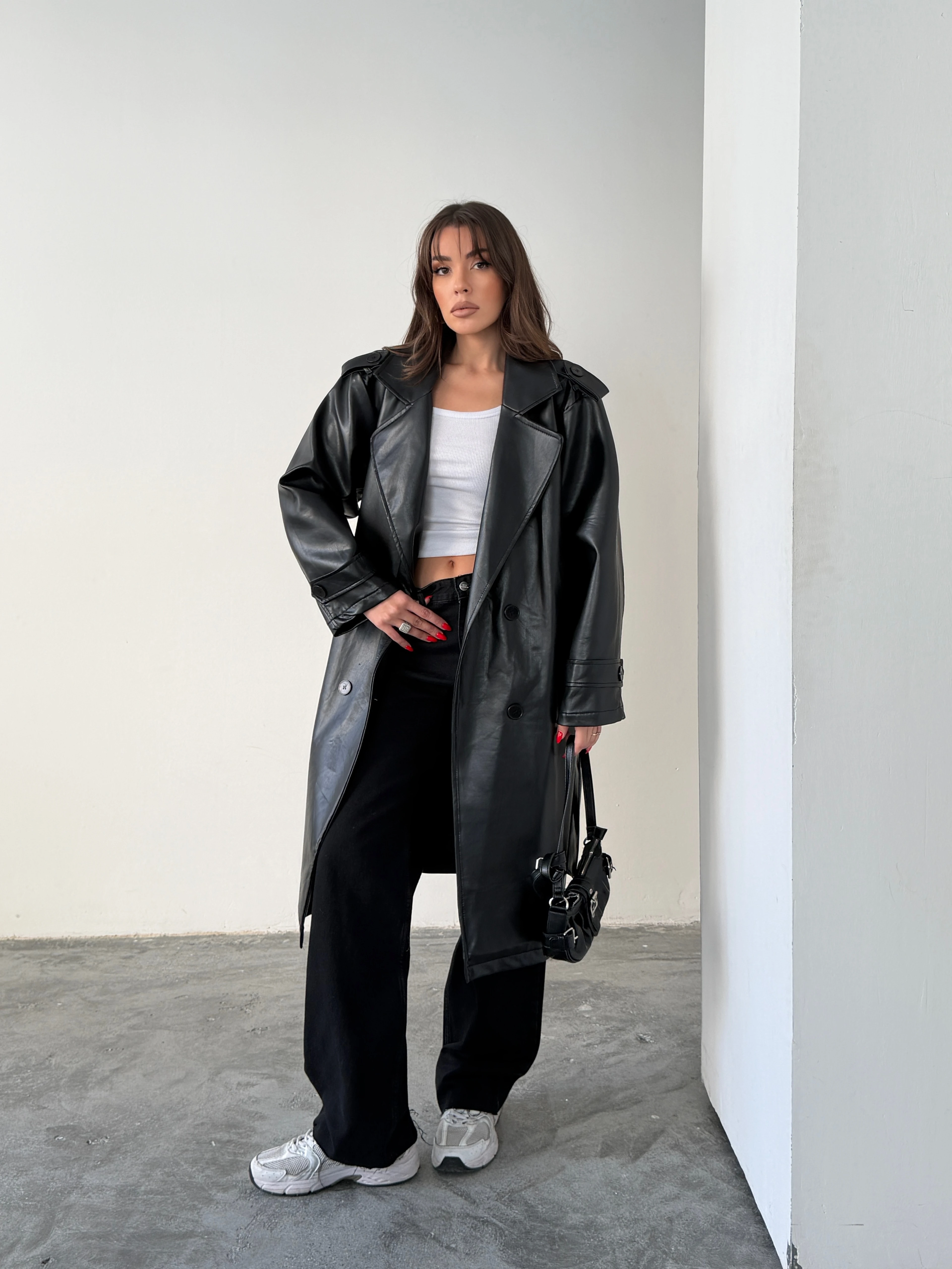 Apolet Detaylı Deri Trençkot - Black