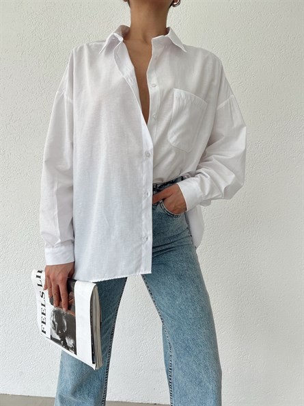 Balon Kol Oversize Poplin Gömlek Beyaz