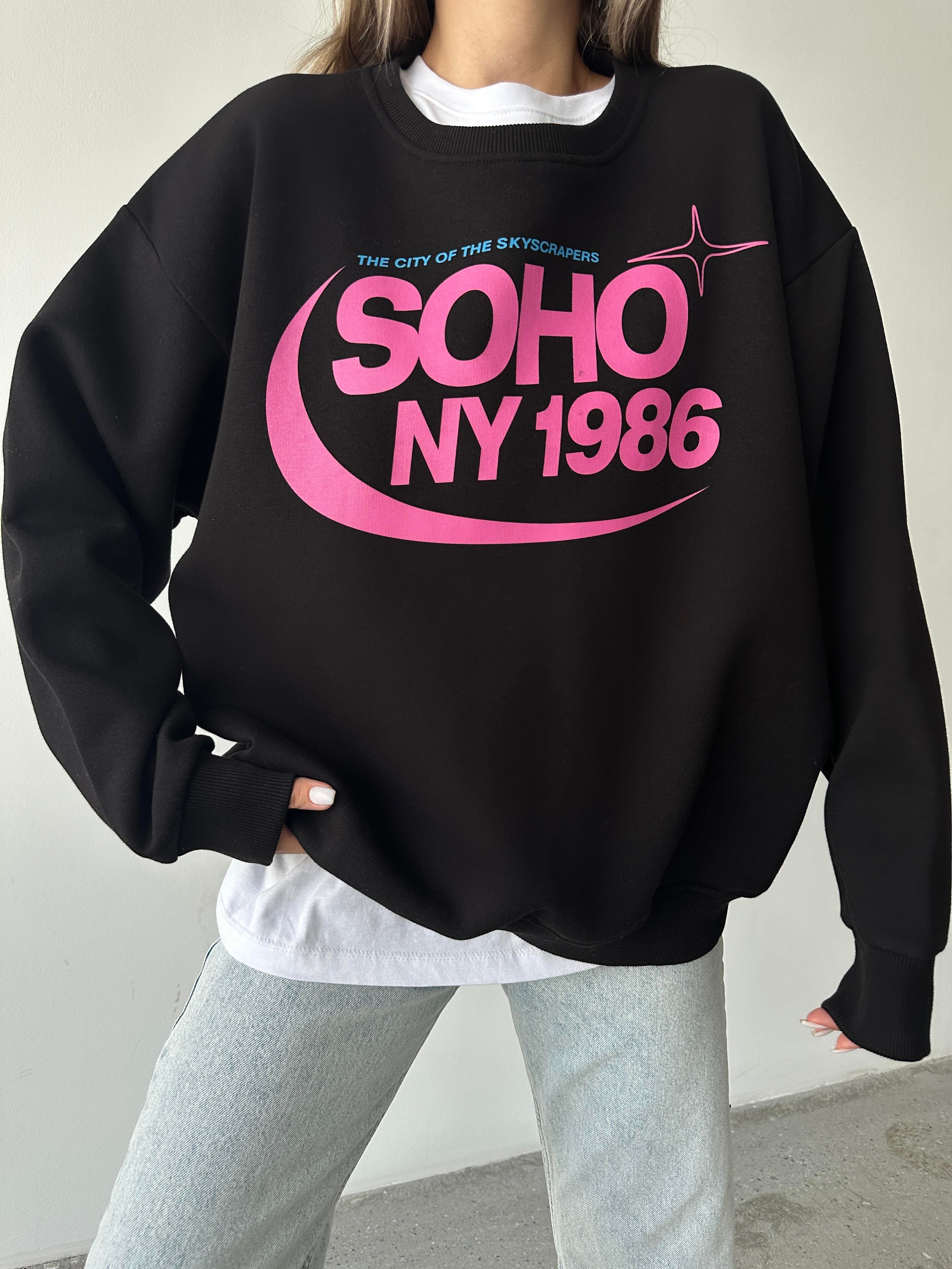 Soho Baskı Bisiklet Yaka Sweat Siyah