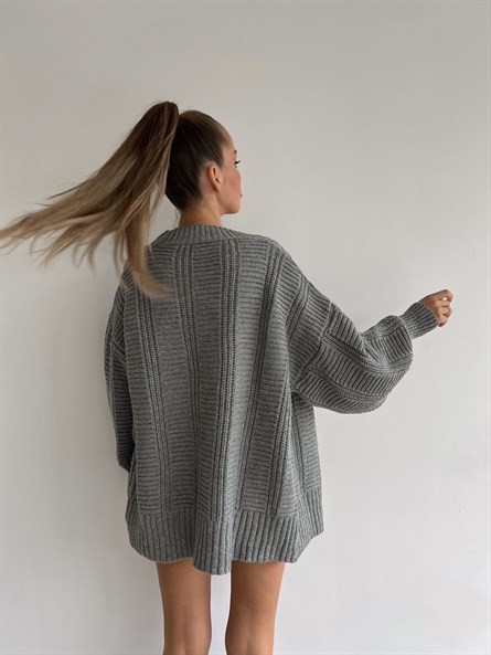Düğmeli Oversize Örgü Hırka Koyu Gri