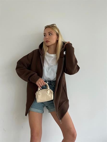 3 İplik Kapüşonlu Fermuarlı Sweatshirt Kahverengi