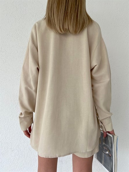 Valeria Oversize Keten Gömlek Bej