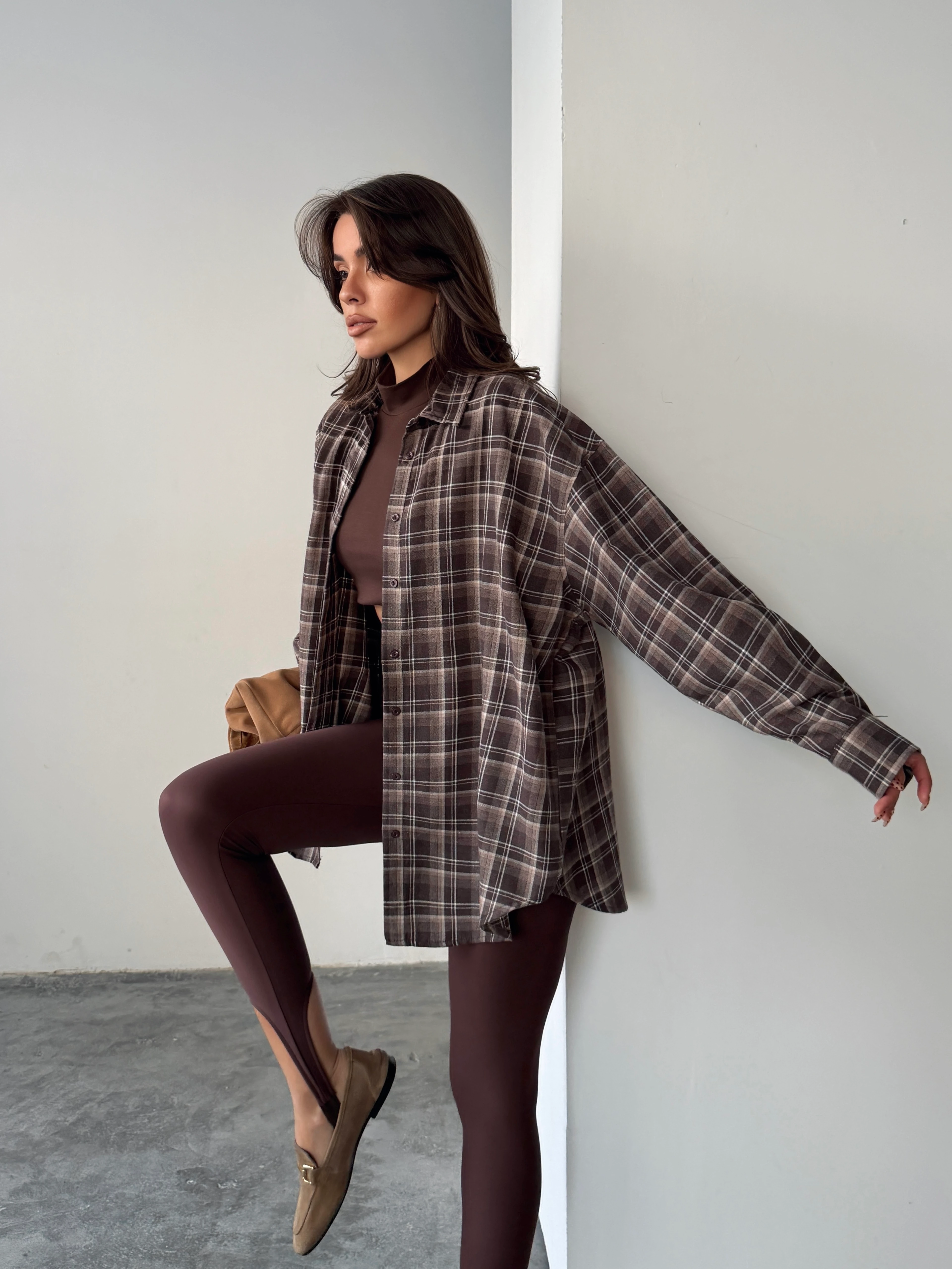 Kareli Oversize Gömlek - Kahve