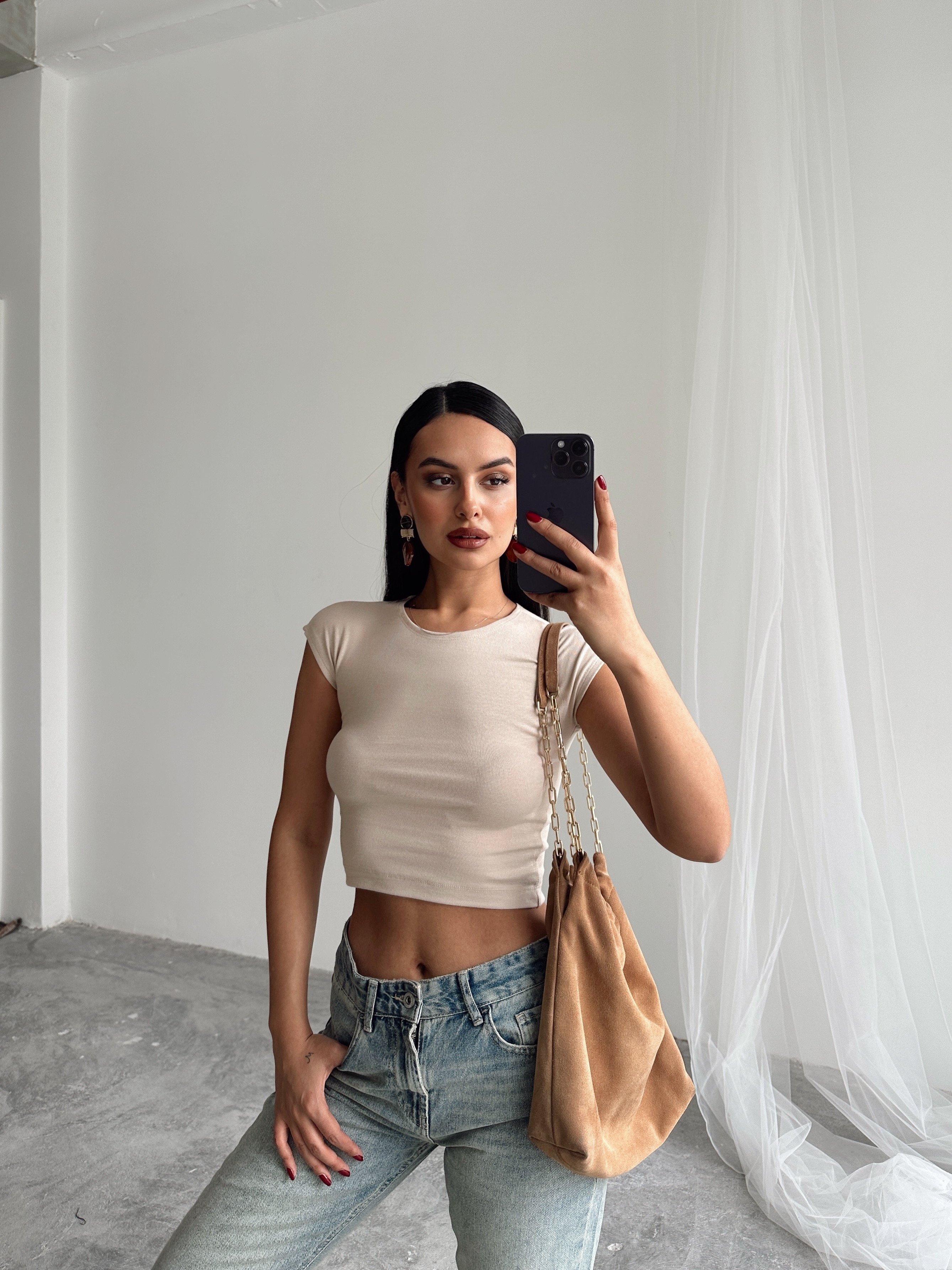 Pamuklu Crop Basic - Taş