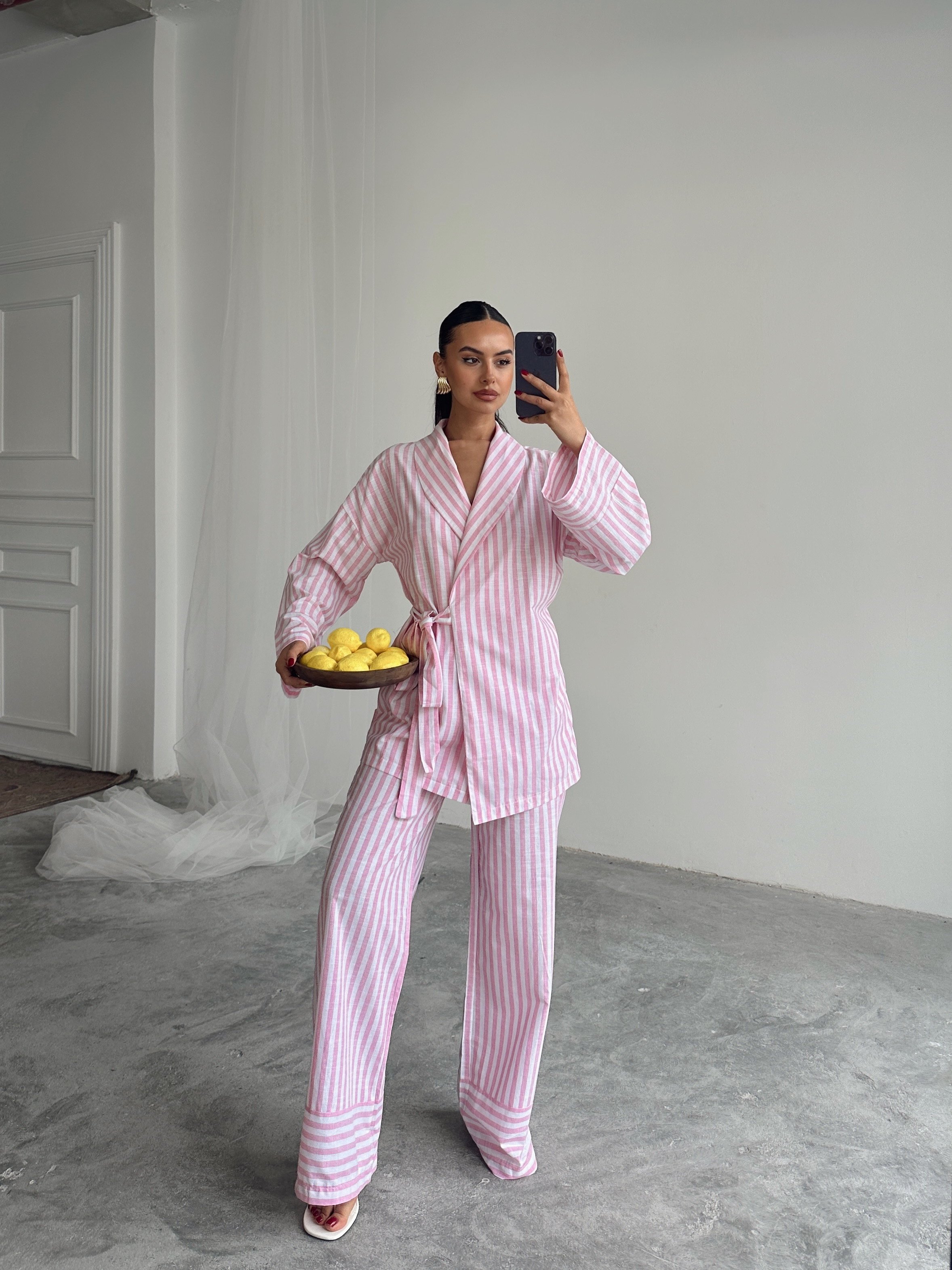Çizgili Kimono Takım  - Pembe