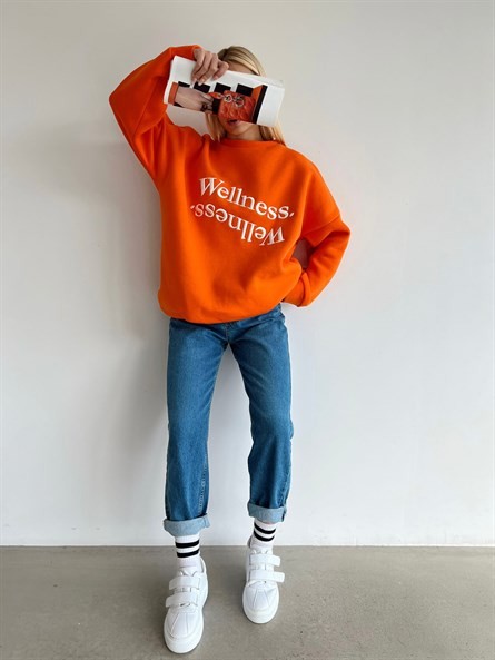 Wellness İşleme Nakışlı Oversize 3 İplik Şardonlu Sweatshirt Turuncu