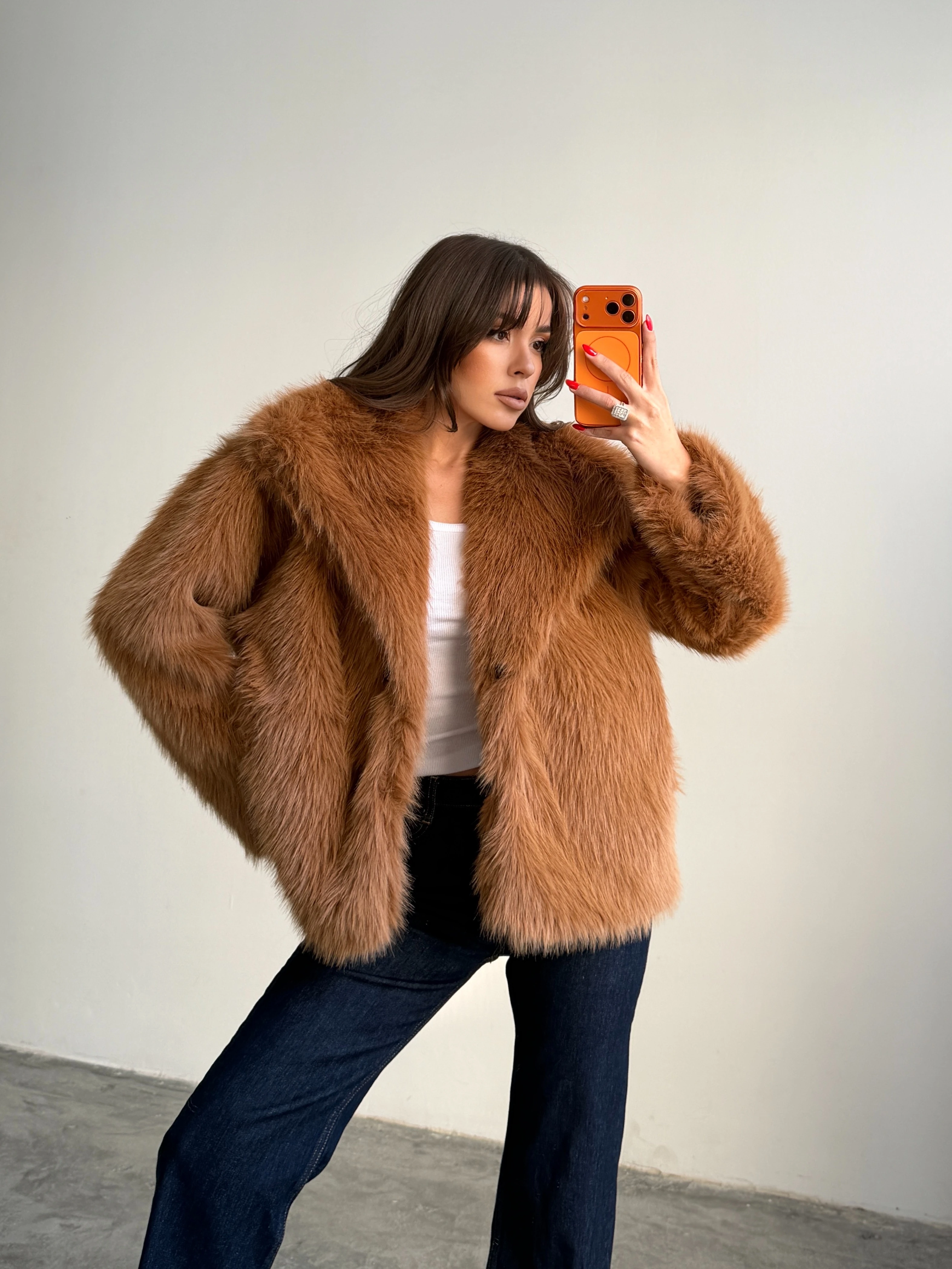 Çıtçıtlı Suni Kürk Ceket - Taba