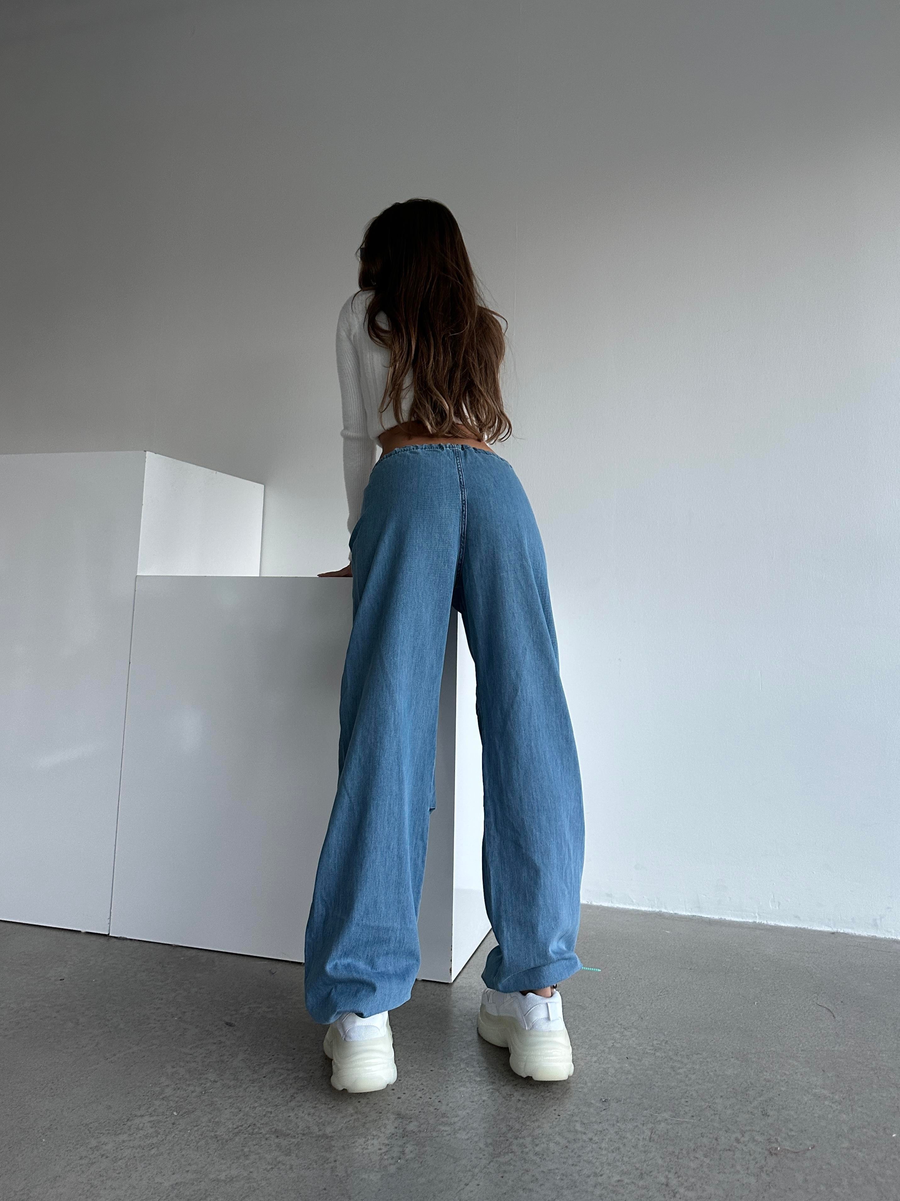 Denim Dokulu Bel Lastik Jogger Paraşüt Pantolon Mavi