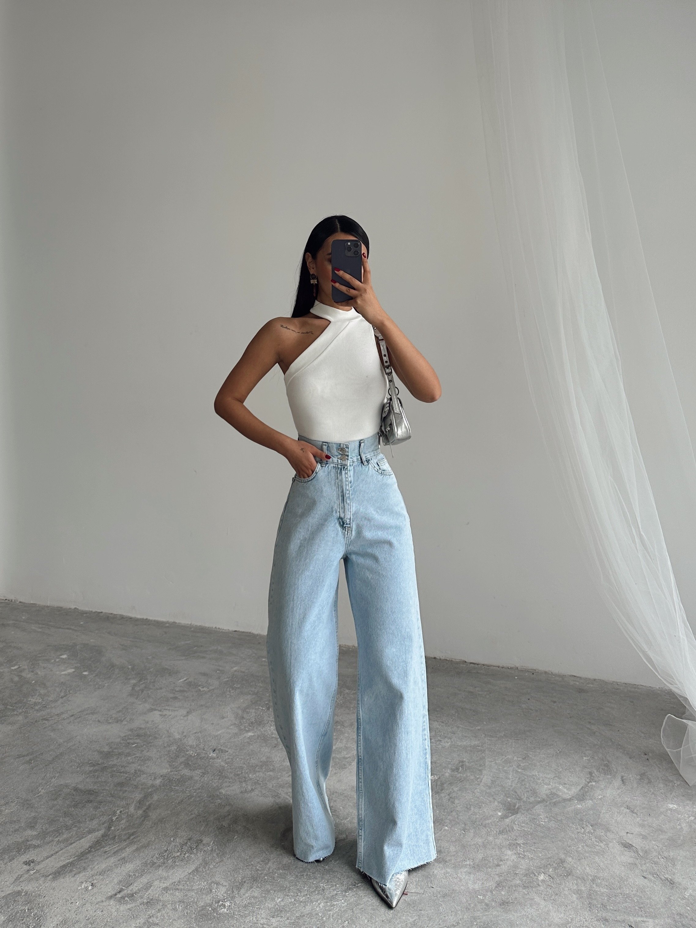 Geniş Kemerli Baggy Jean  - Buz Mavi