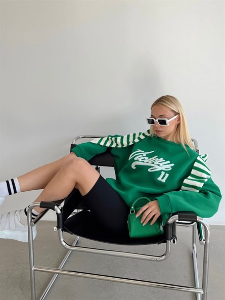 Victory Süzene Nakış Oversize Sweatshirt Yeşil