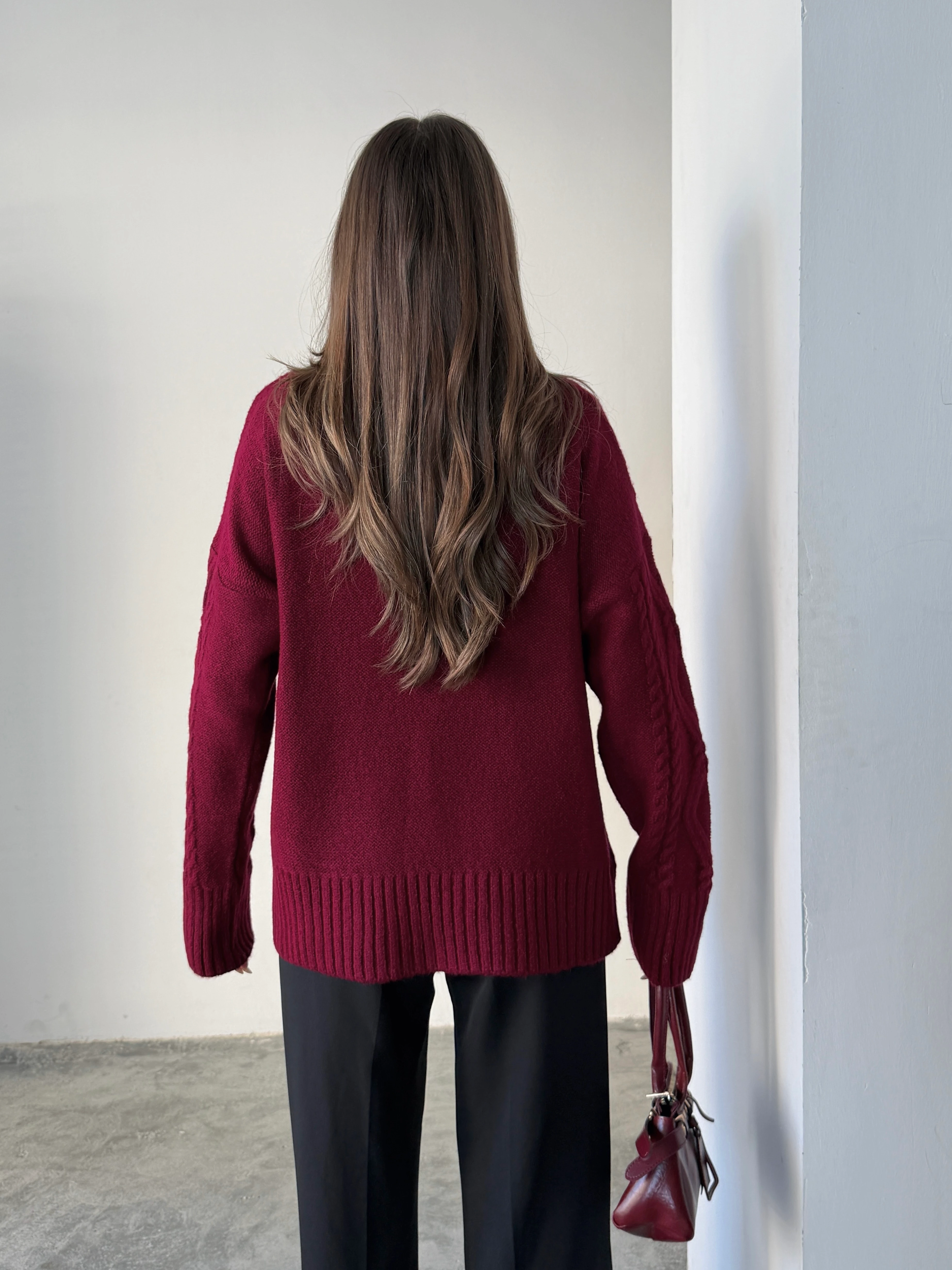 Saç Örgü Desenli Yıkamalı Triko - Bordo