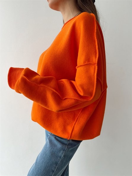 Dikiş Detay Şardonlu Oversize Sweat Oranj