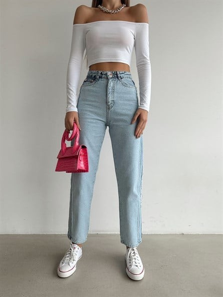 Yan Püskül Patch Mom Jean Buz Mavi