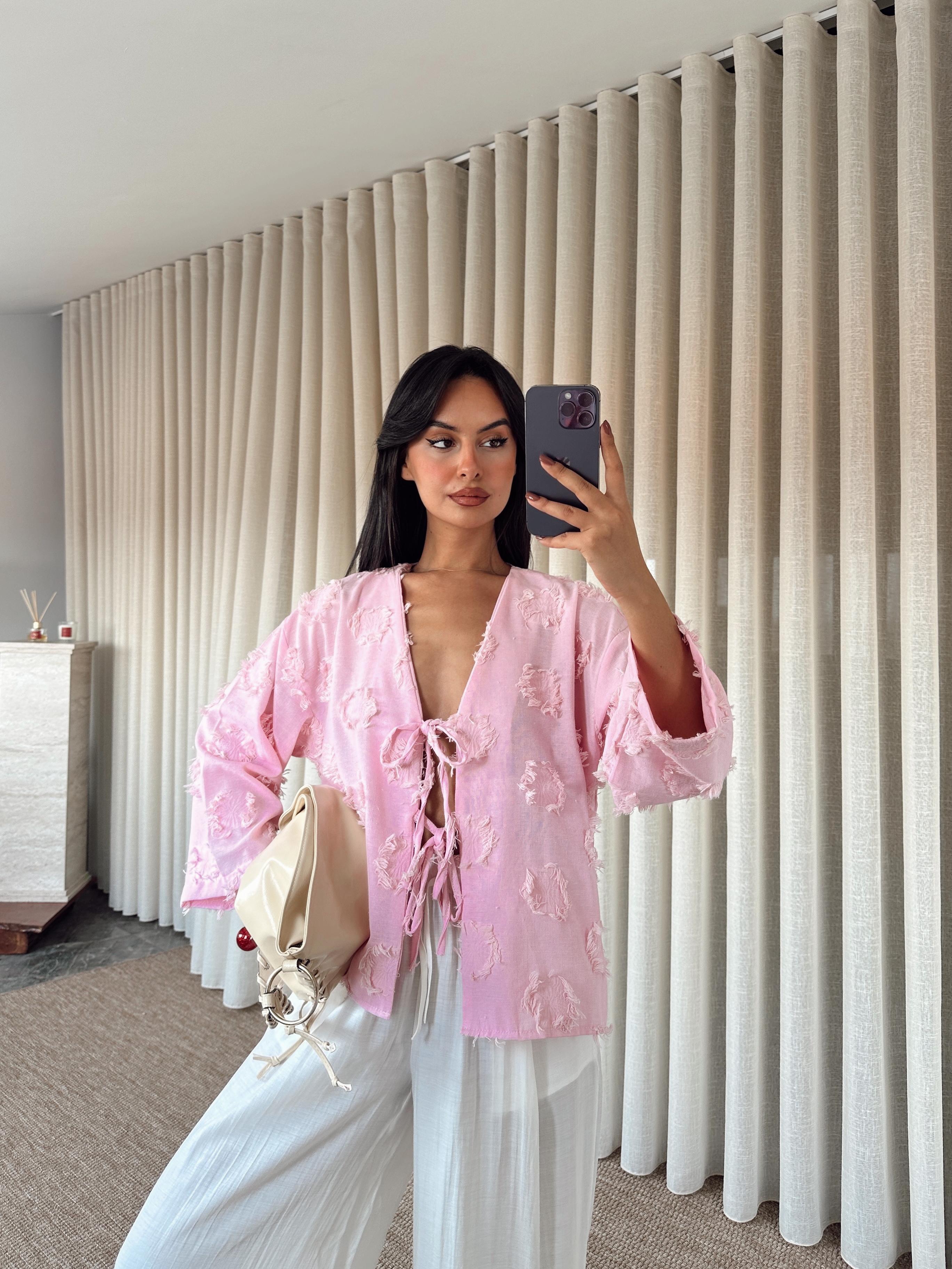 Püskül Detaylı Bağlamalı Kimono - Pembe