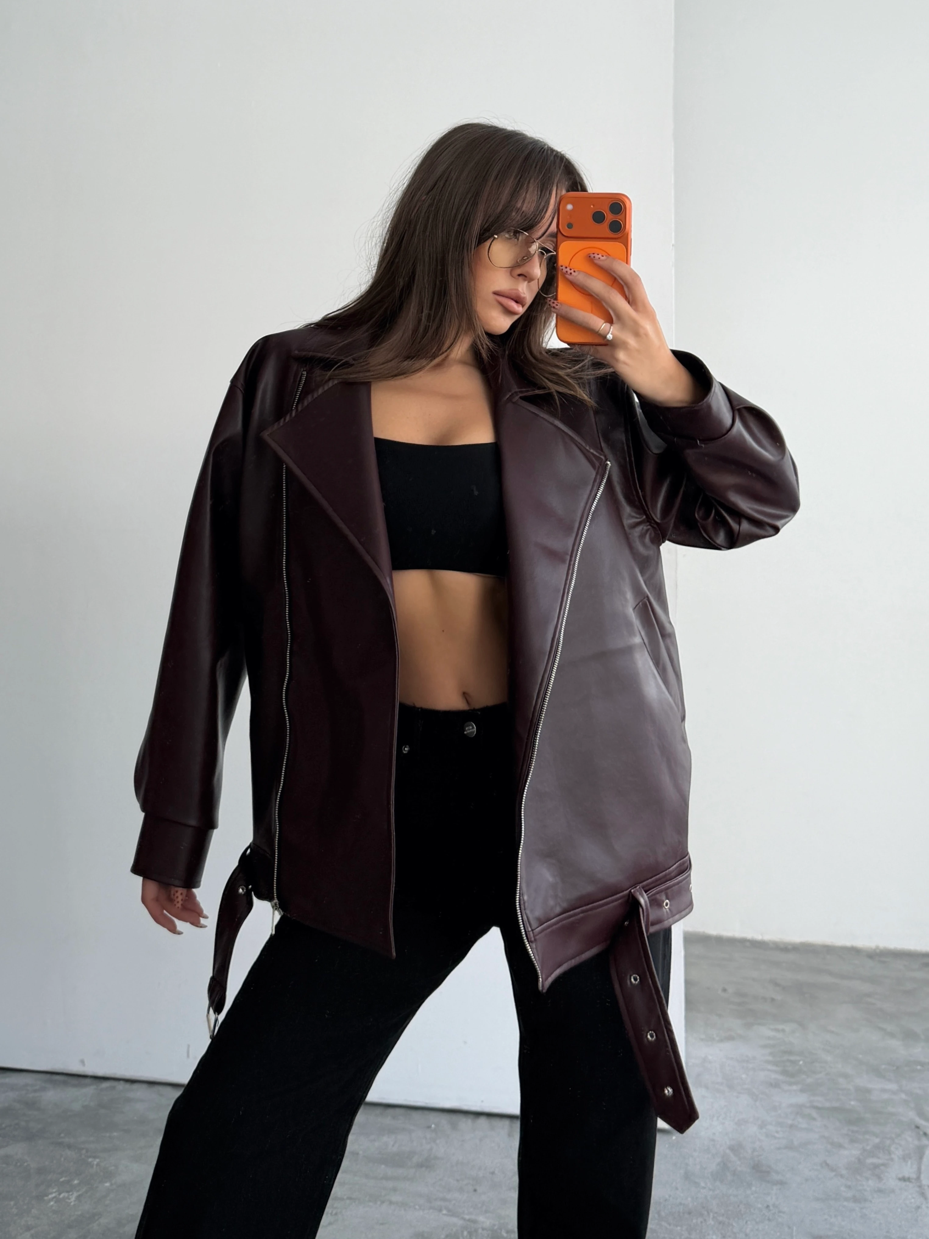 Kemerli Oversize Deri Ceket  - Bordo