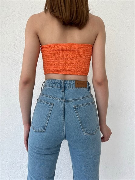 Drapeli Gofre Straplez Crop Turuncu