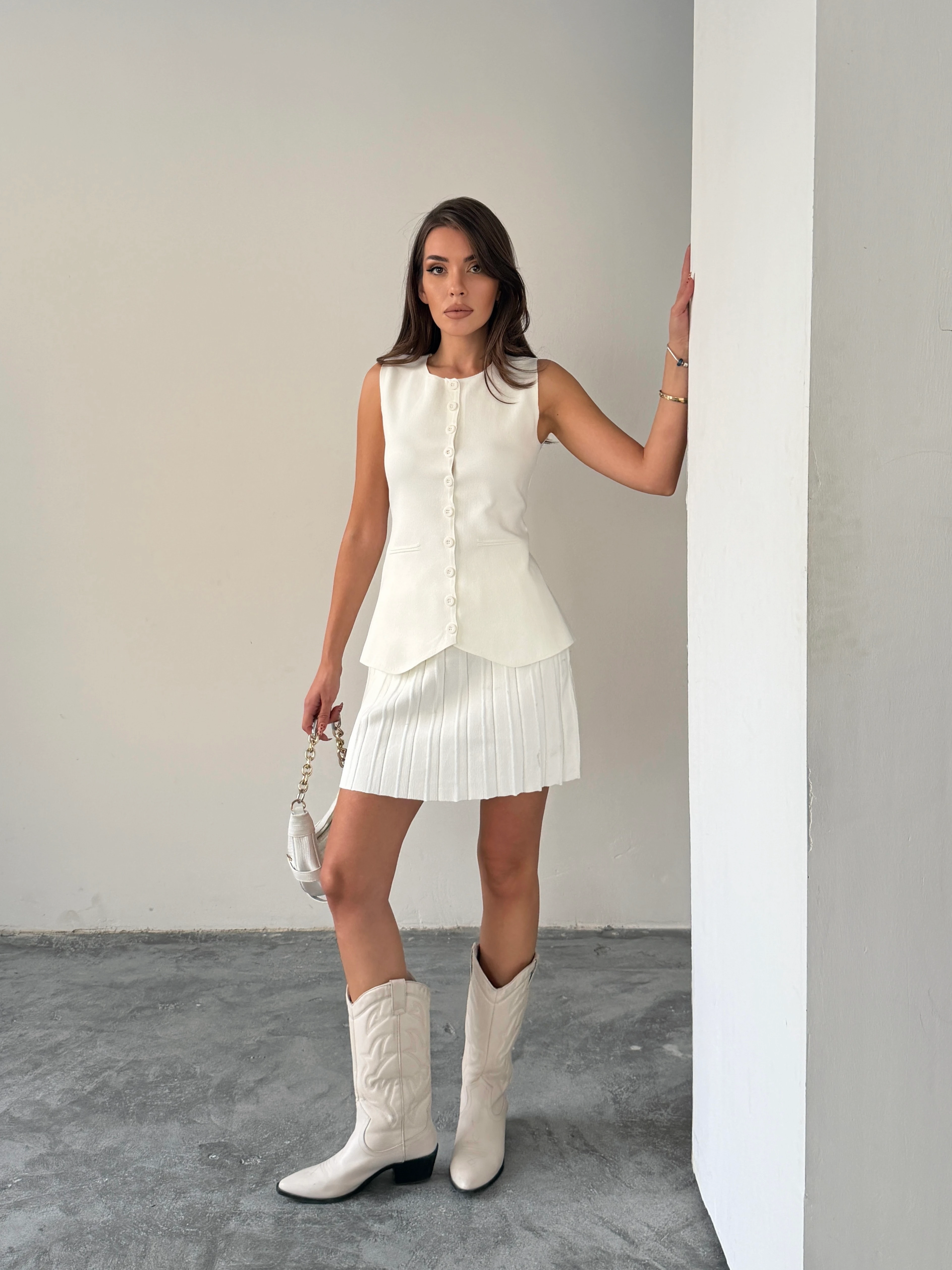 Pileli Etekli Triko Takım  - Ekru