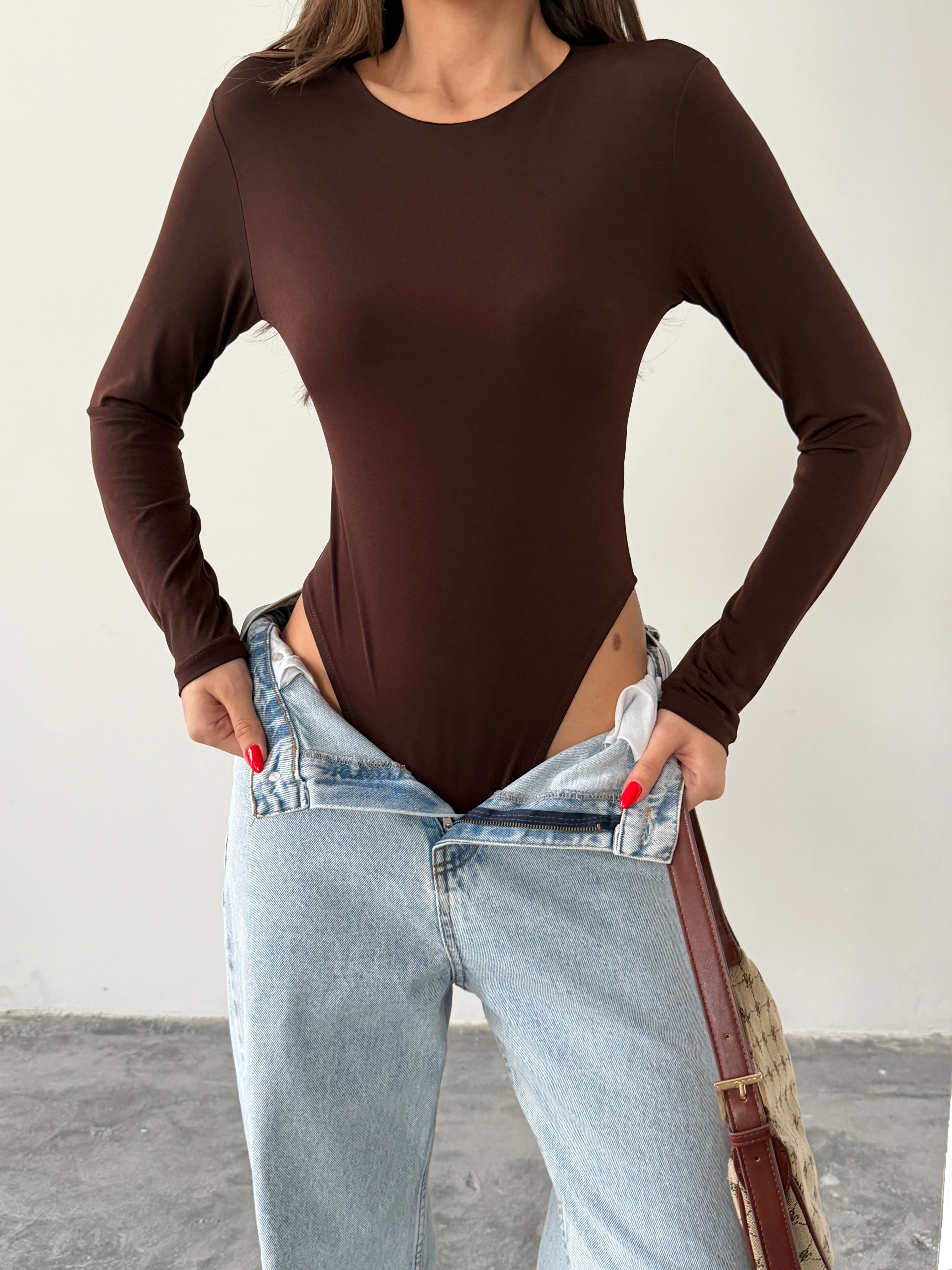 Bisiklet Yaka Bodysuit - Kahve