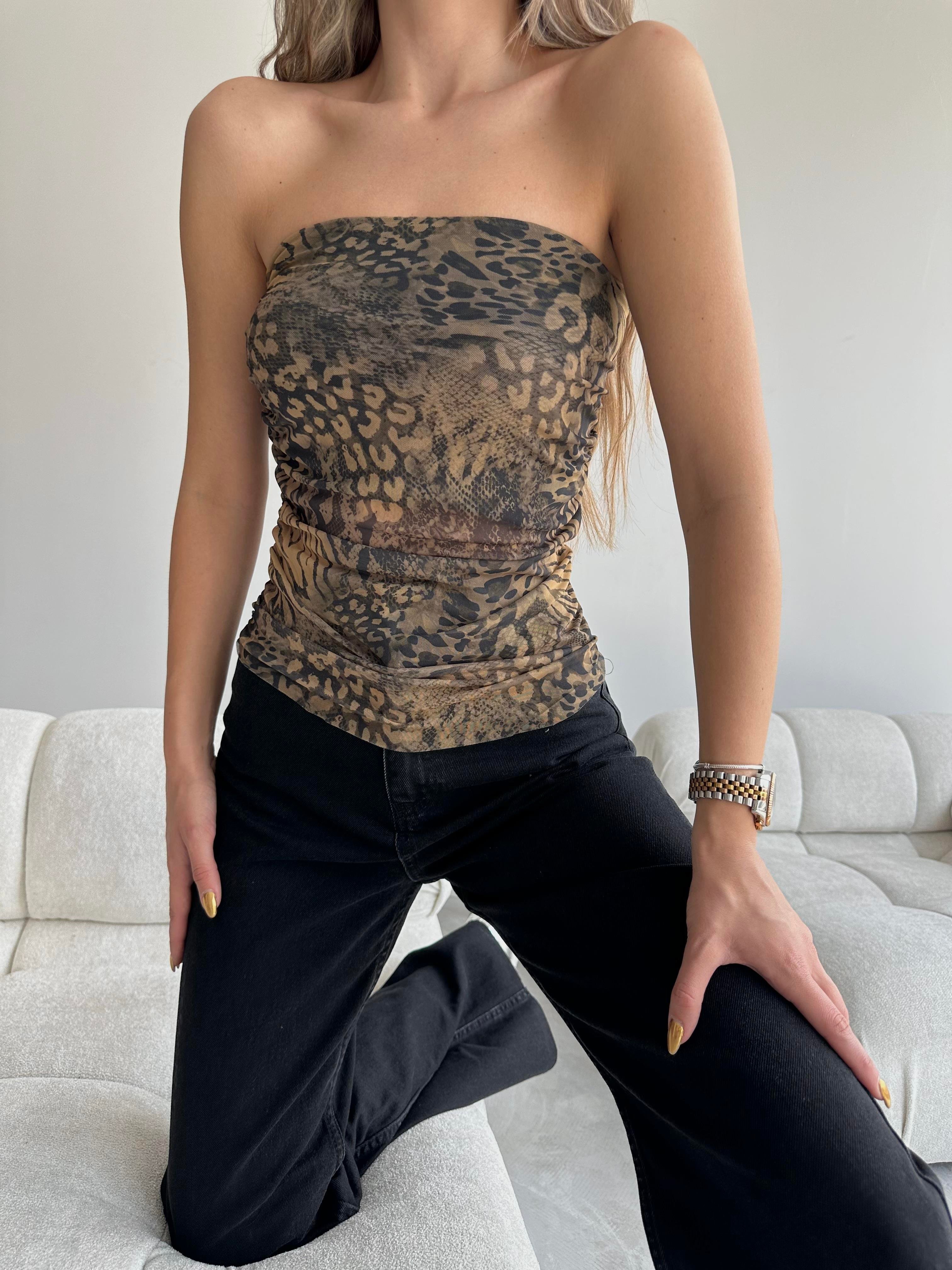 Amora Batik Straplez Büzgülü Crop Leopar