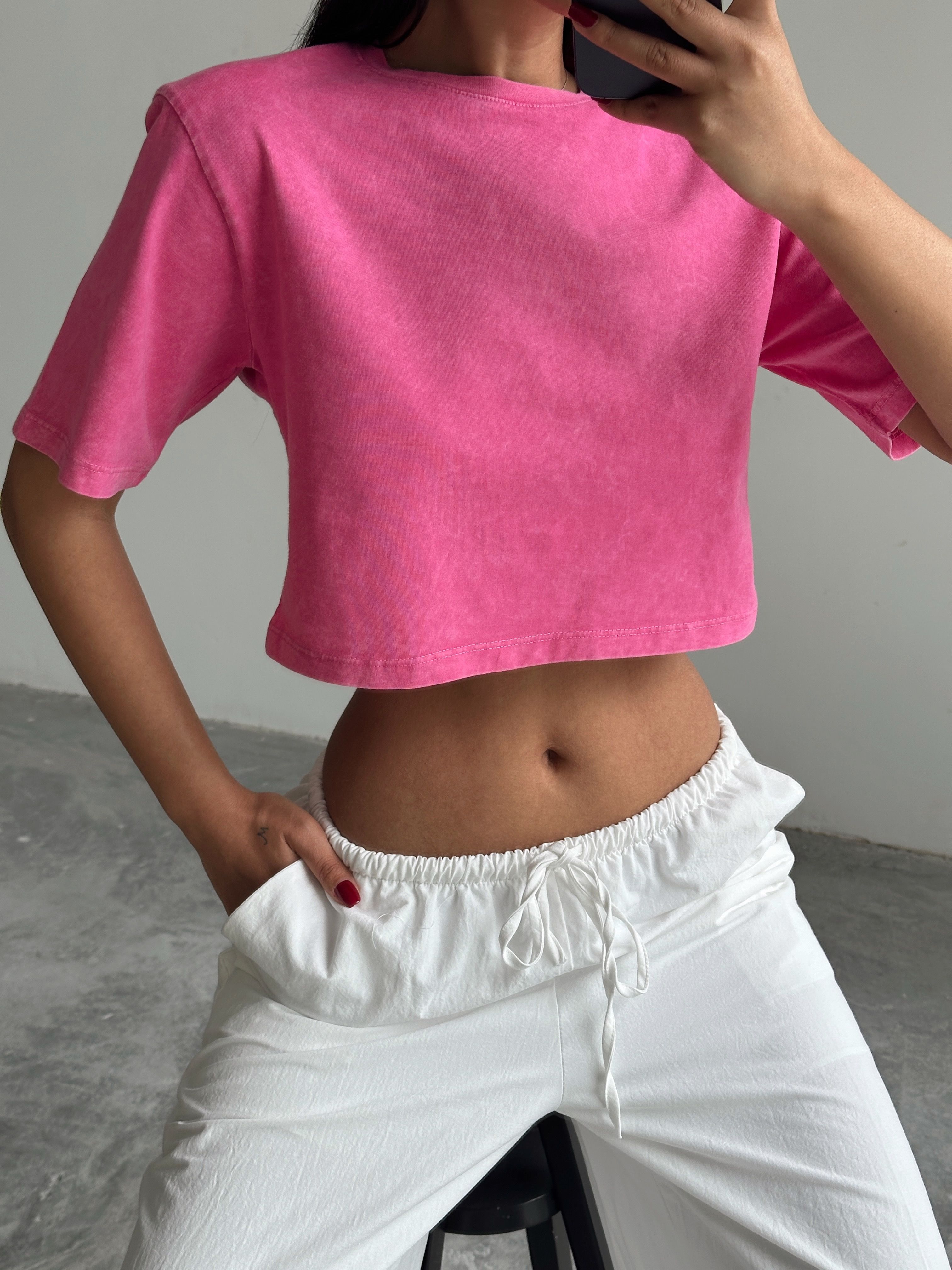 Yıkamalı Vatkalı Crop Basic - Pembe
