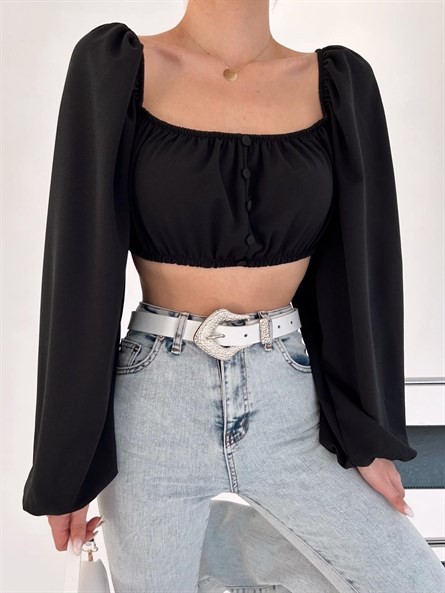 Düğmeli Balon Kol Crop Bluz Siyah