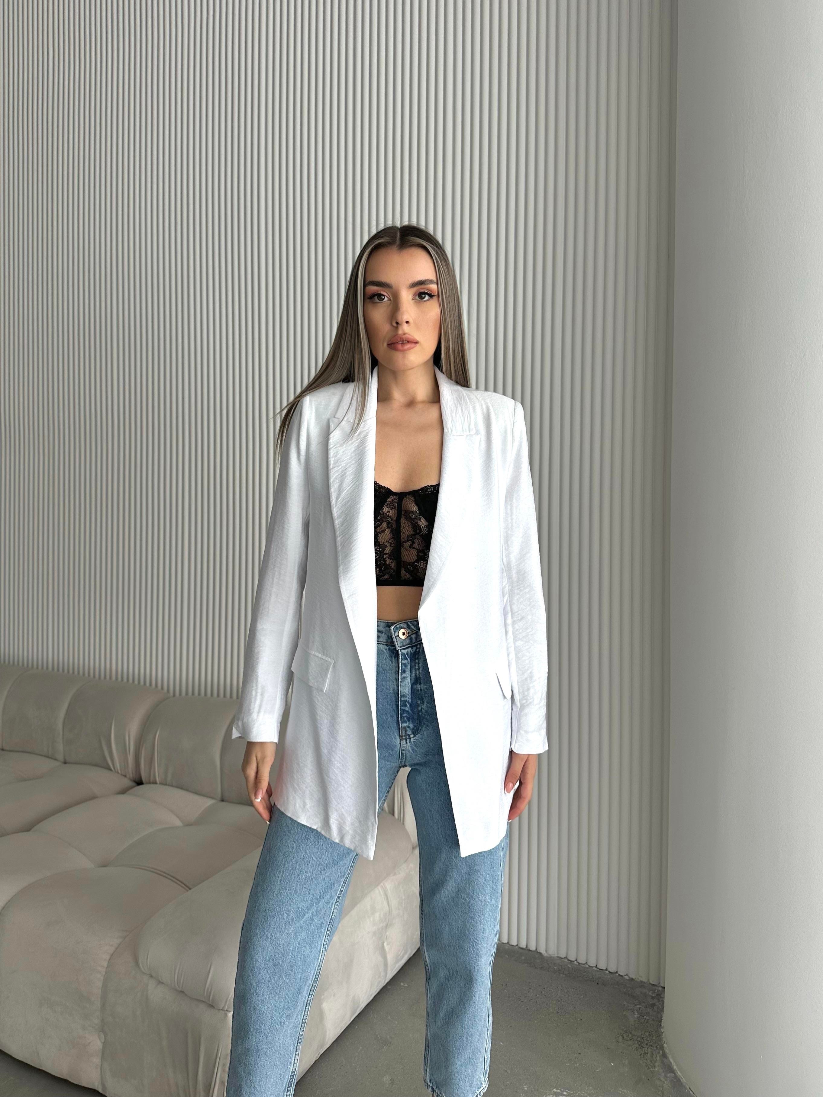 Tiril Keten Blazer Ceket Beyaz