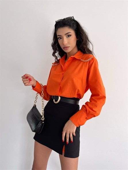 Zincir Apolet Oversize Poplin Gömlek Turuncu