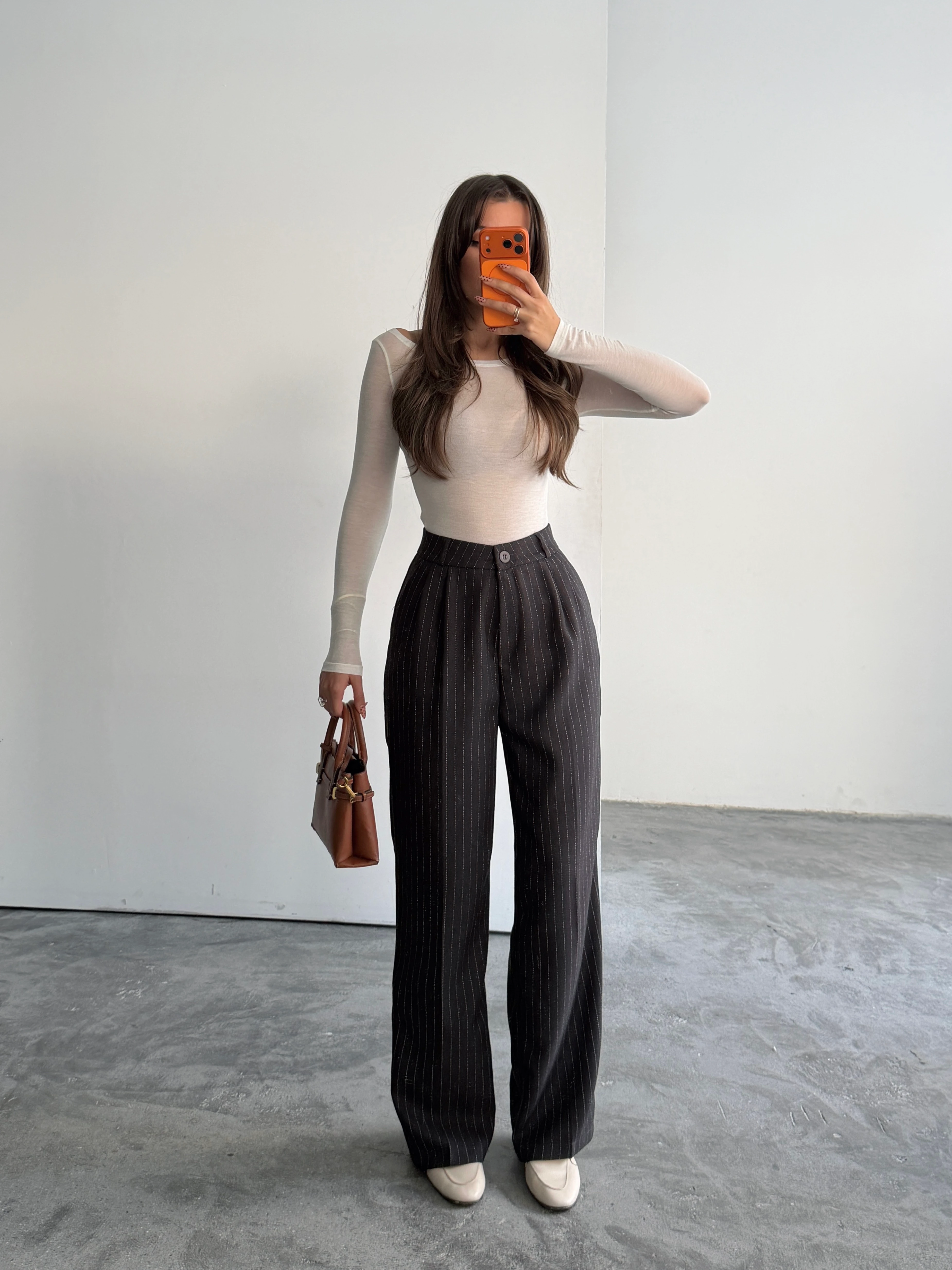 Yünefekt Çizgili Palazzo - Füme