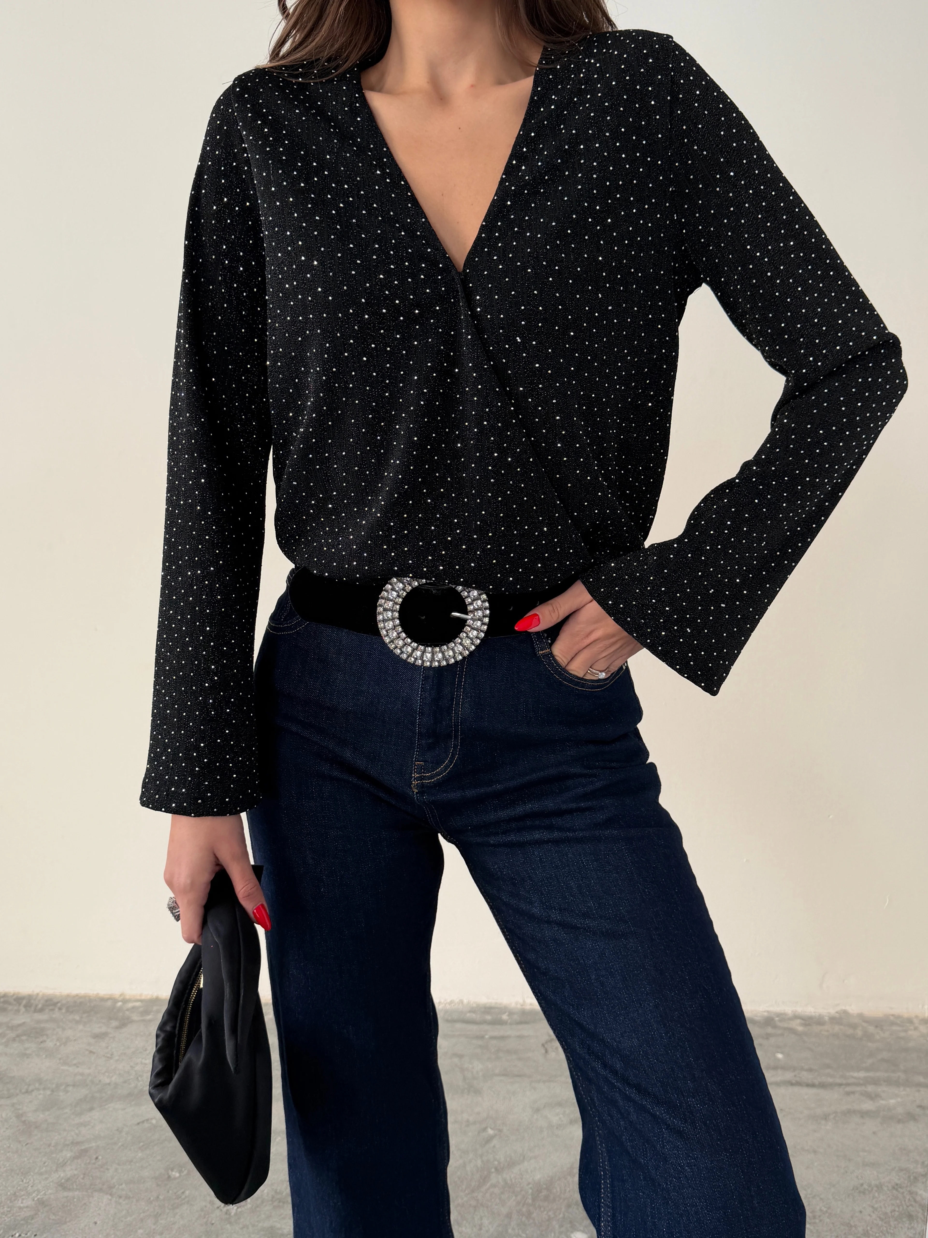 Taşlı Uzun Kol Bodysuit - Black