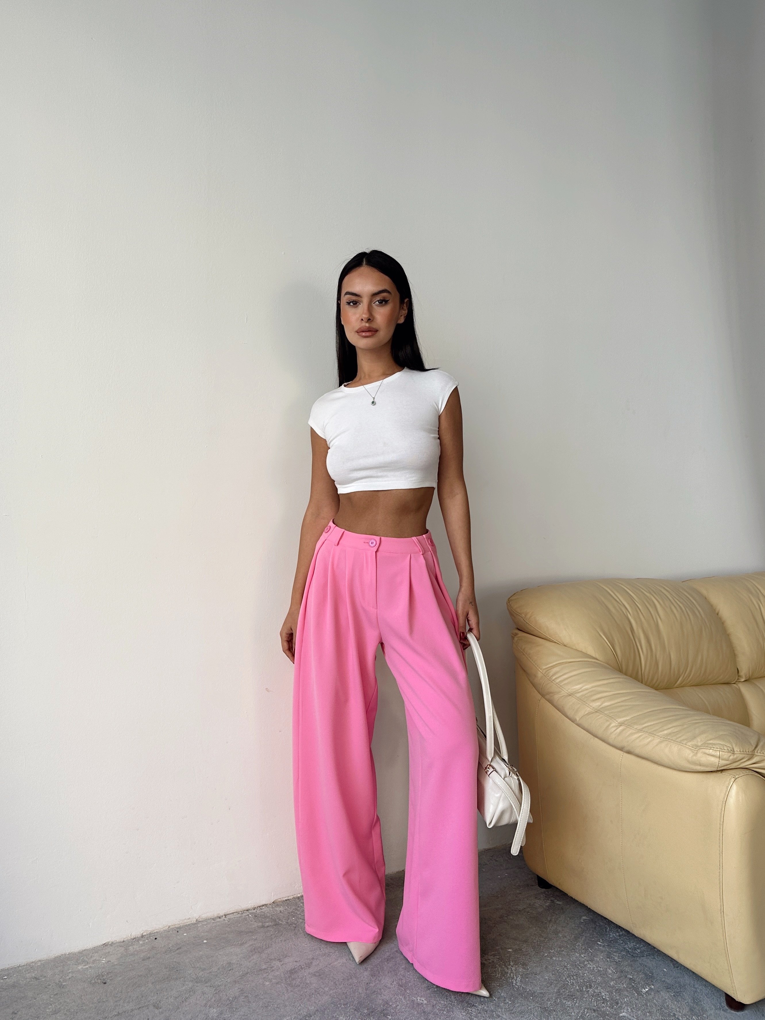Yandan Katlama Düğme Detay Palazzo - Pembe