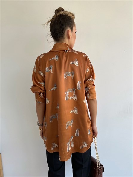 Leopar Oversize Saten Gömlek Taba