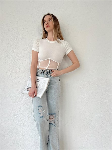 Transparan Korse Detay Basic Bluz Beyaz