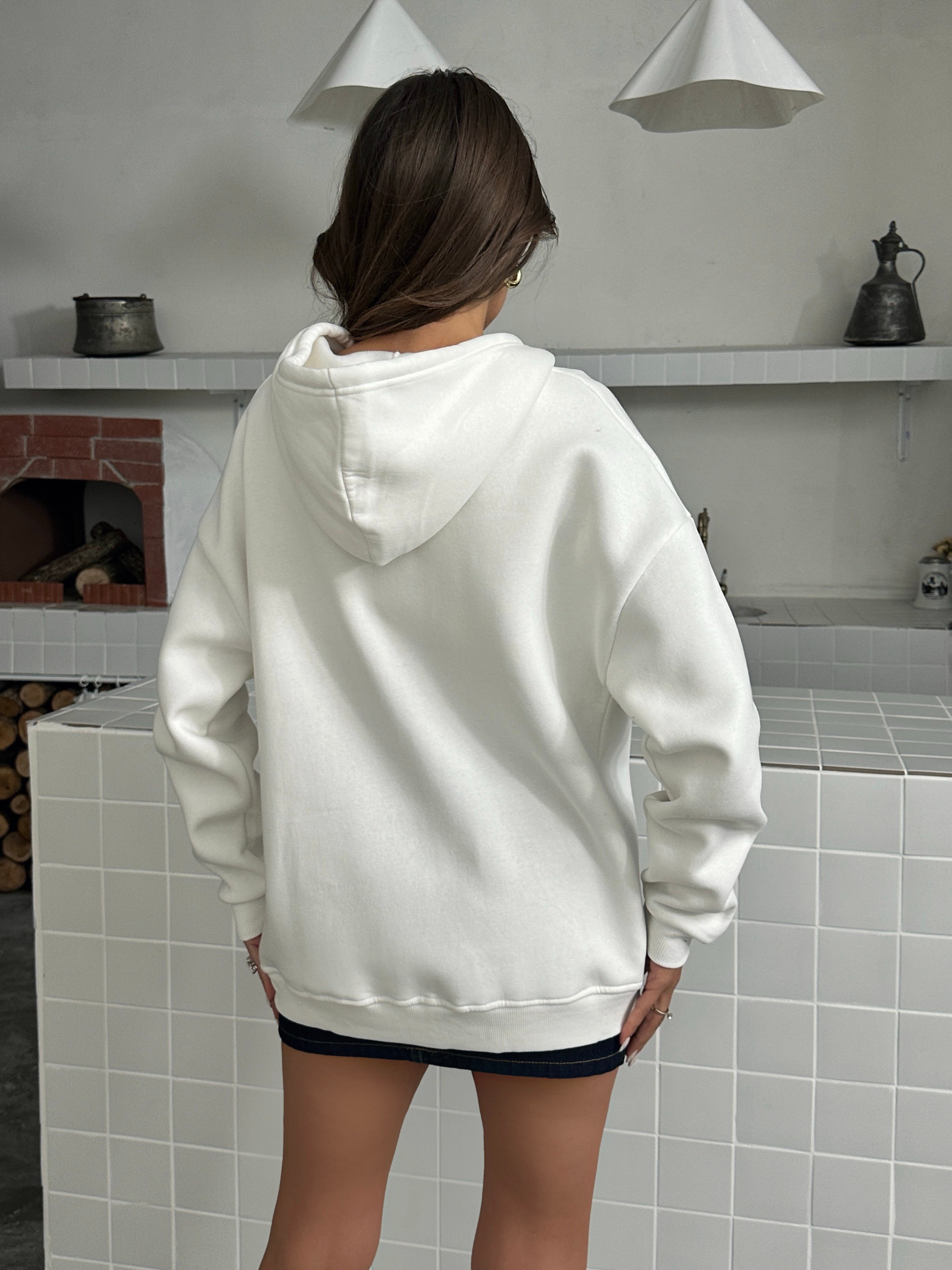 Fermuarlı Kapüşonlu Sweat Hırka - Beyaz