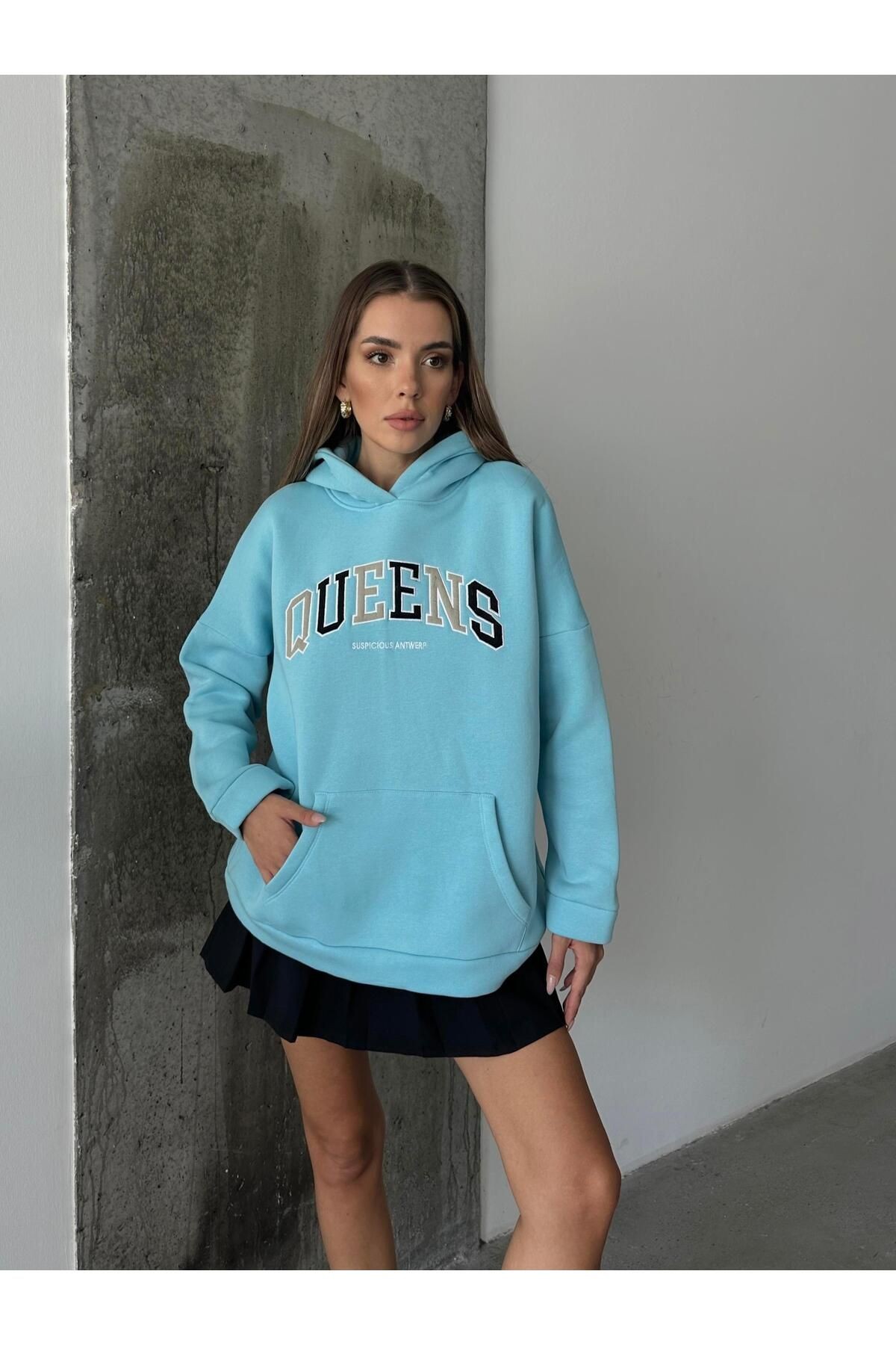 Queens Üç İplik Kapüşonlu Oversize Sweat Mavi