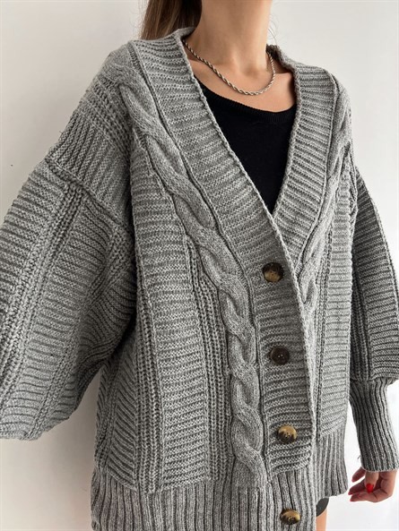 Düğmeli Oversize Örgü Hırka Koyu Gri