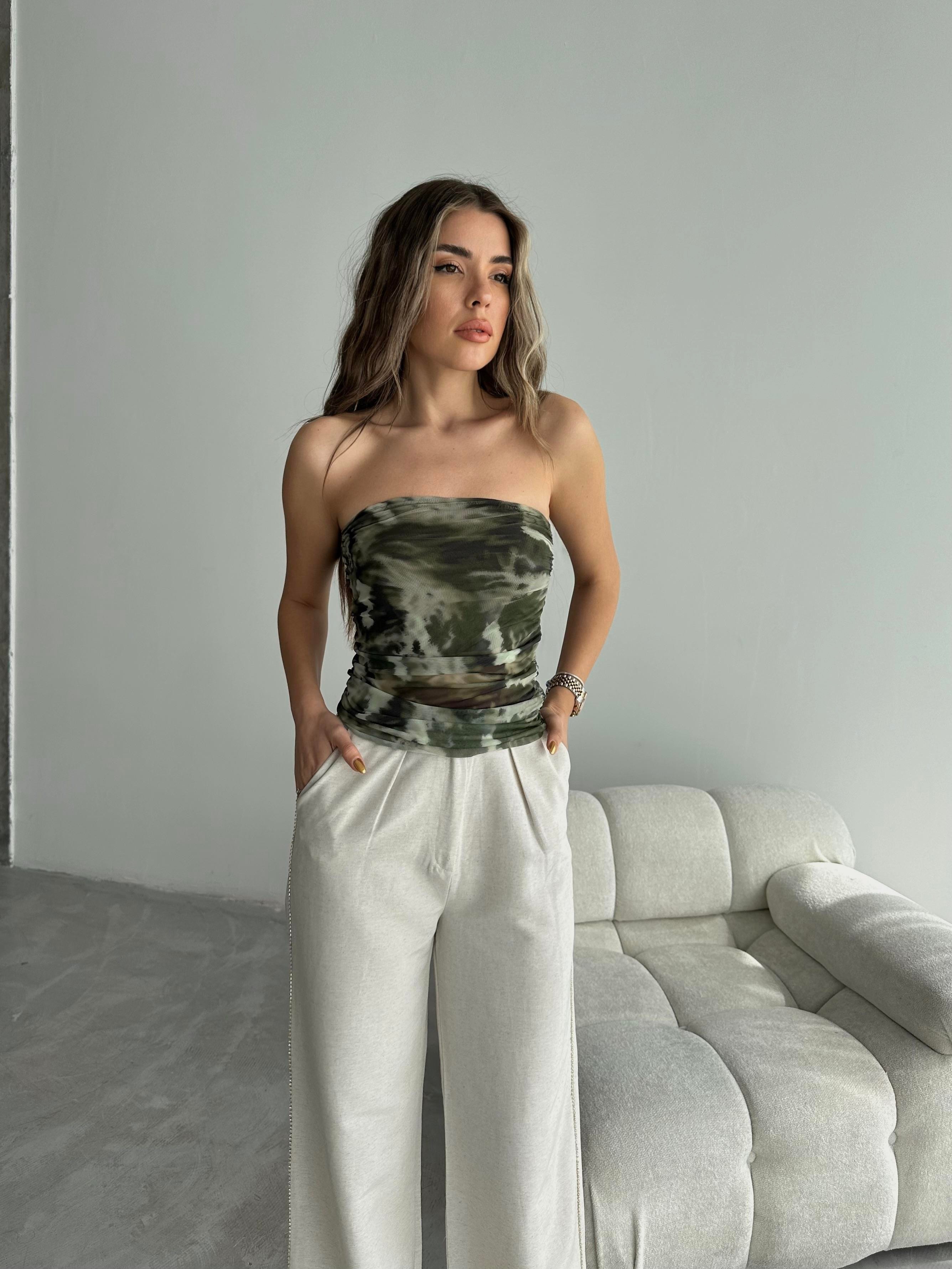 Amora Batik Straplez Büzgülü Crop Yeşil