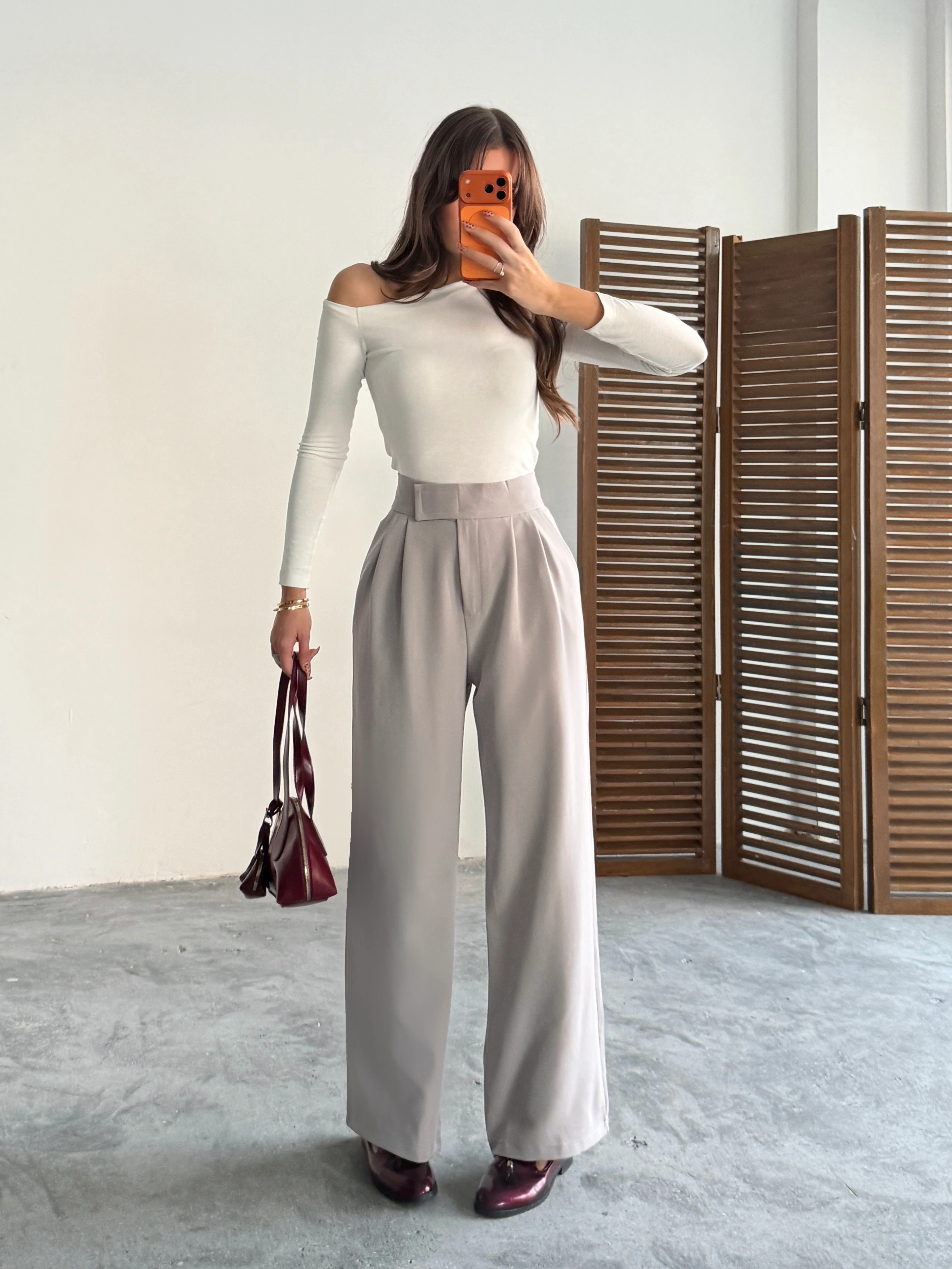 Bel Cırtlı Palazzo Pantolon  - Gri